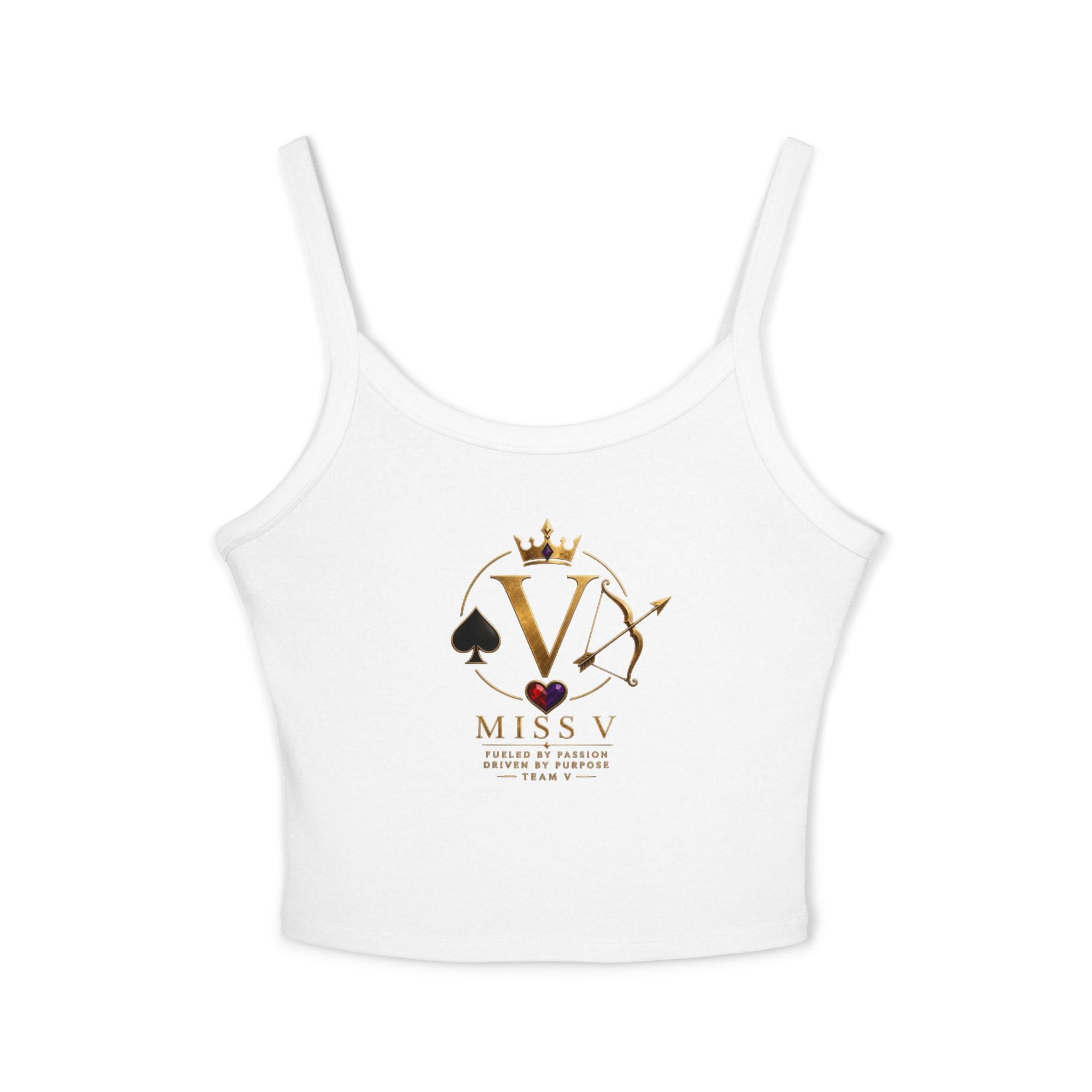 Spaghetti Tank Top — "Miss V" Gold Crown Playing Card Logo Crop