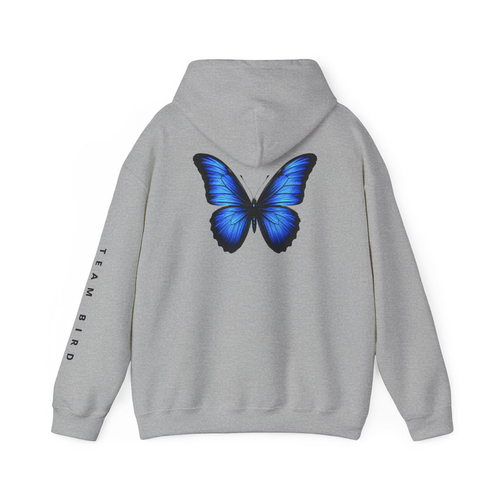 Butterfly Hoodie — "Team Bird" Blue Butterfly Graphic Hooded Sweatshirt