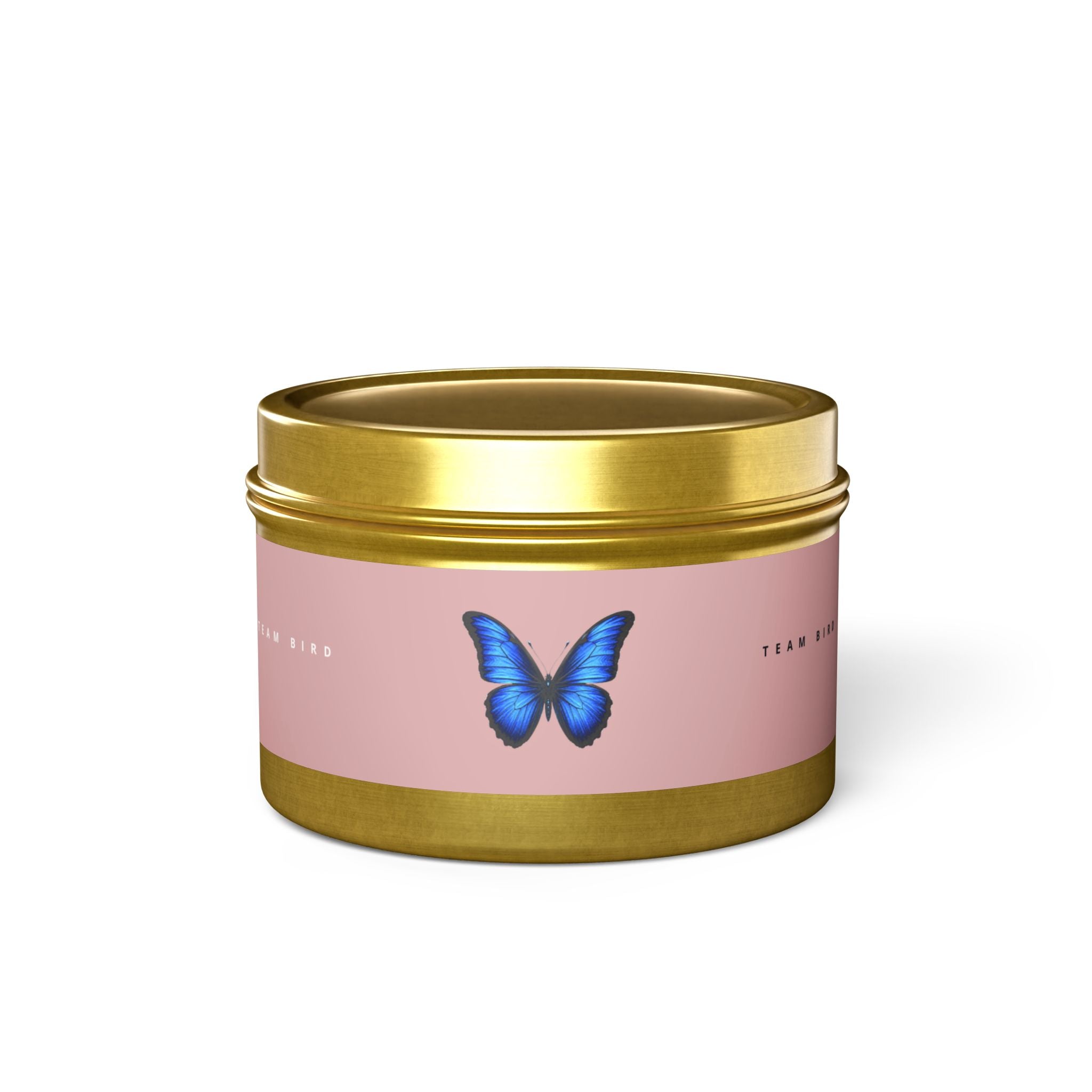 Butterfly Tin Candle — Floral & Vanilla Scented Travel Candle, 'Team Bird' Pink Label