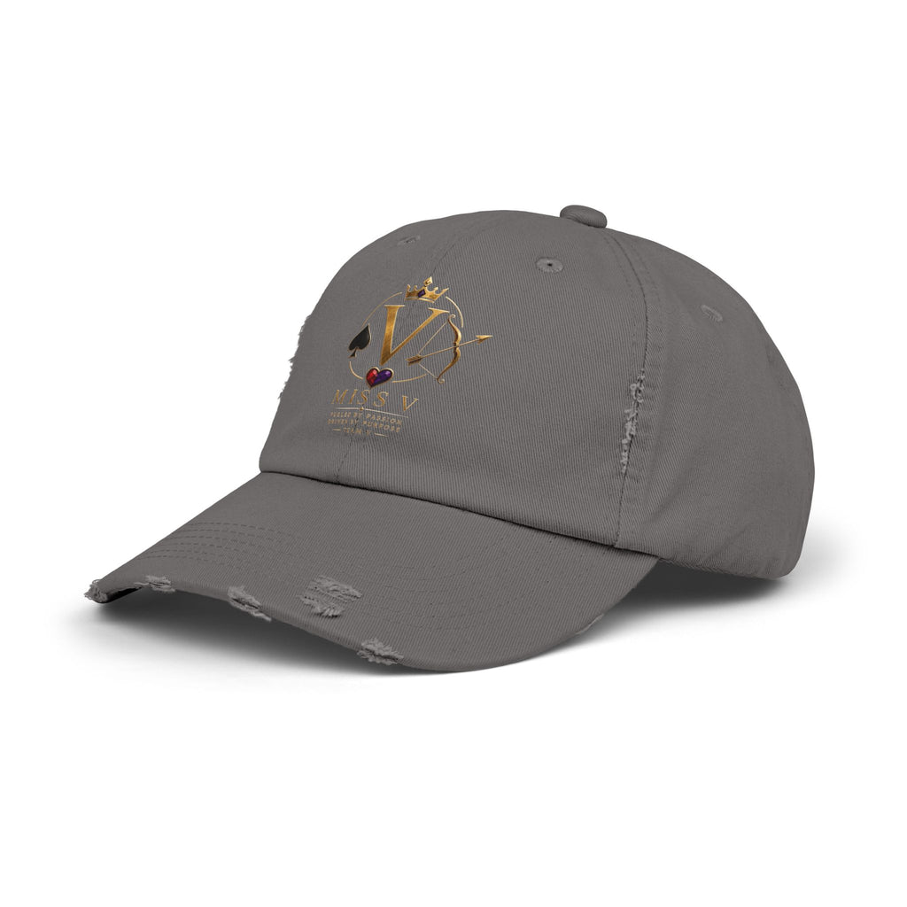 Distressed Black Cap — Miss V Crown & Card Emblem
