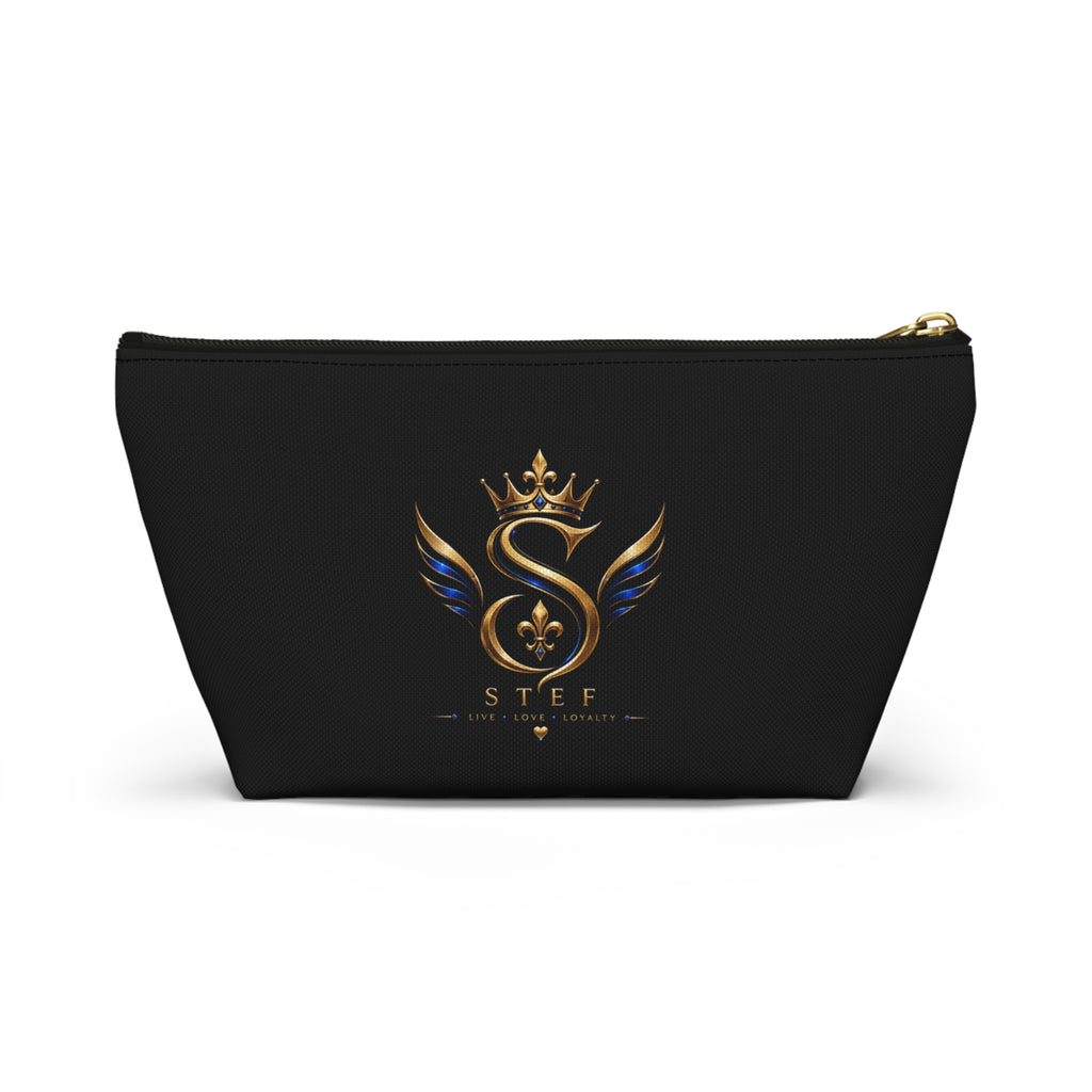 Royal S Emblem Accessory Pouch — Luxurious Black Makeup Bag with Gold Crown Logo