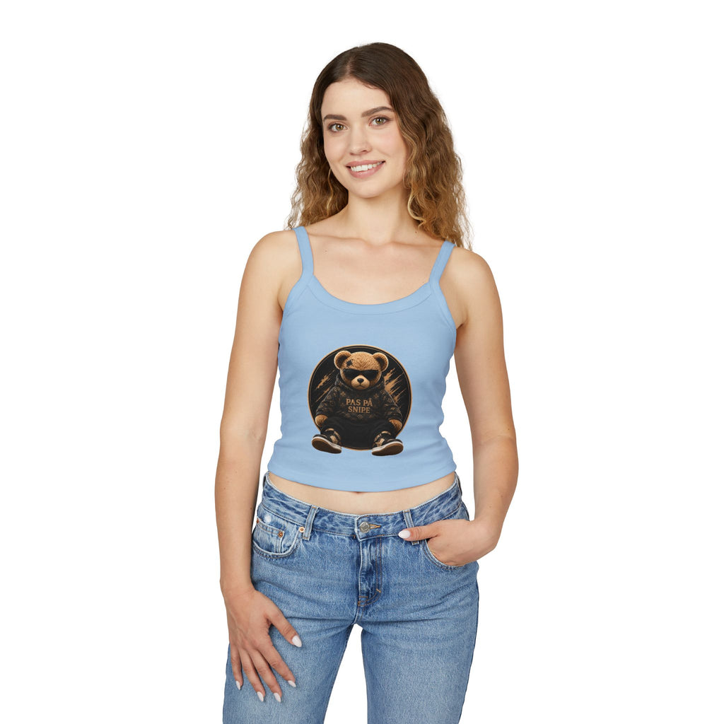 Teddy Bear Graphic Tank Top — "Pas På Snipe" Cute Vintage Bear Crop Top