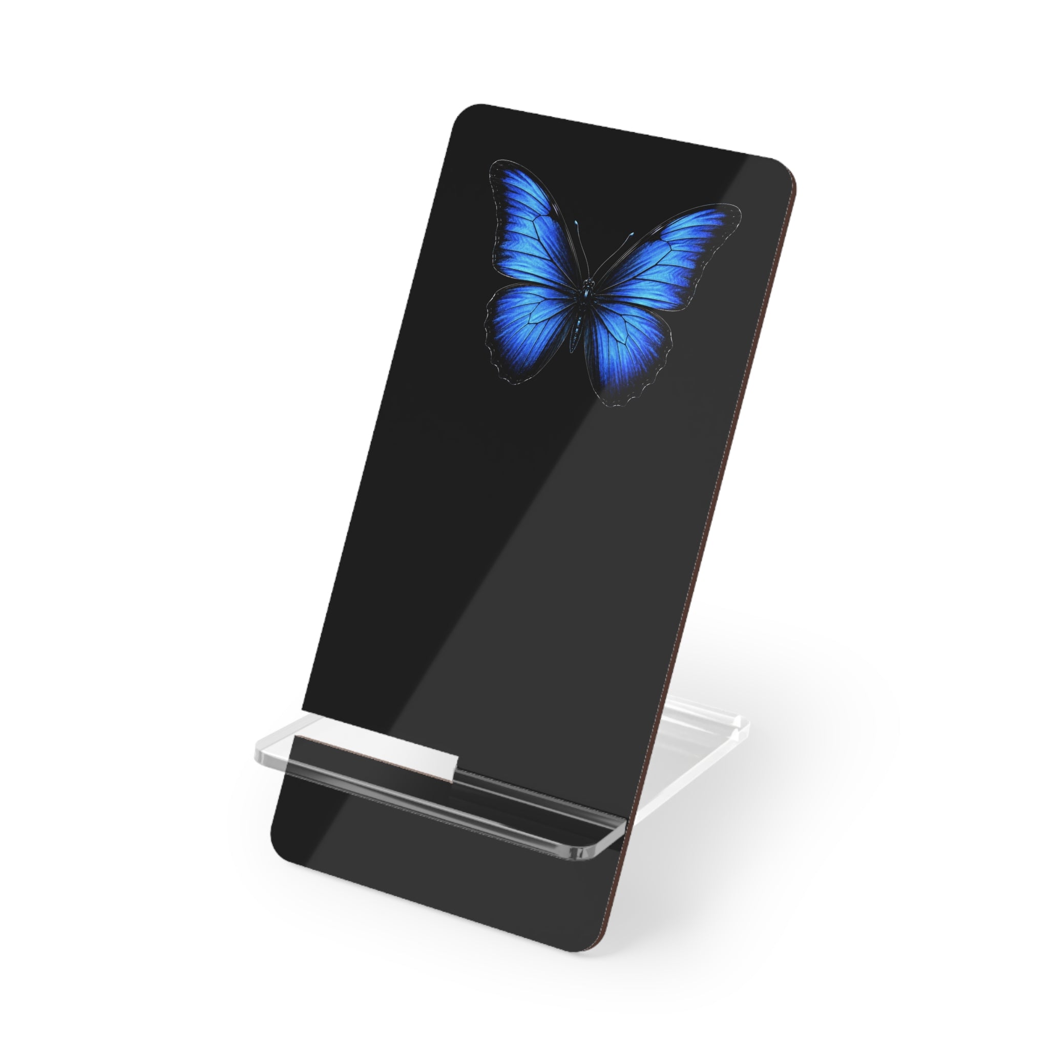 Acrylic Phone Stand with Blue Butterfly — Decorative Smartphone Display Holder