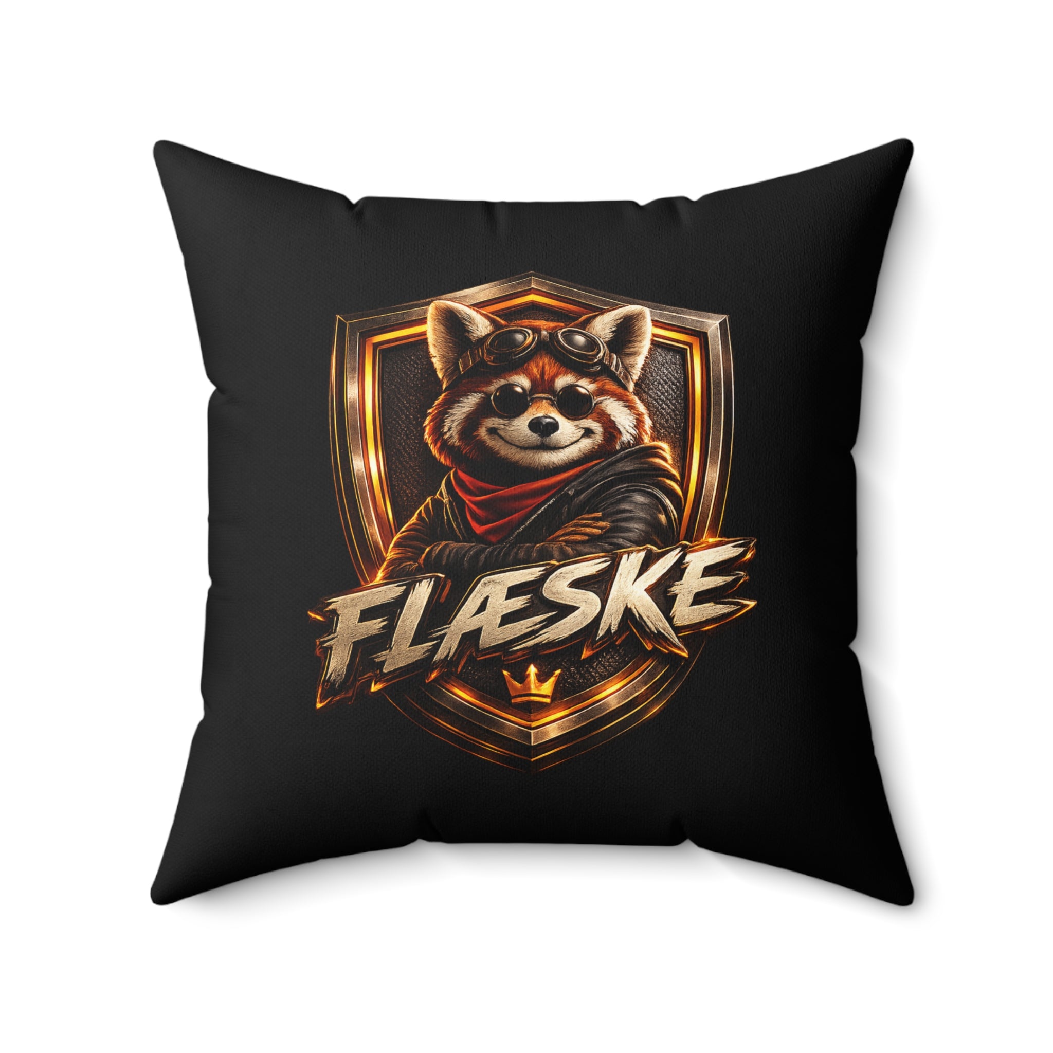 Red Panda Crest Throw Pillow — 'FLÆSKE' Gaming Emblem Accent Pillow
