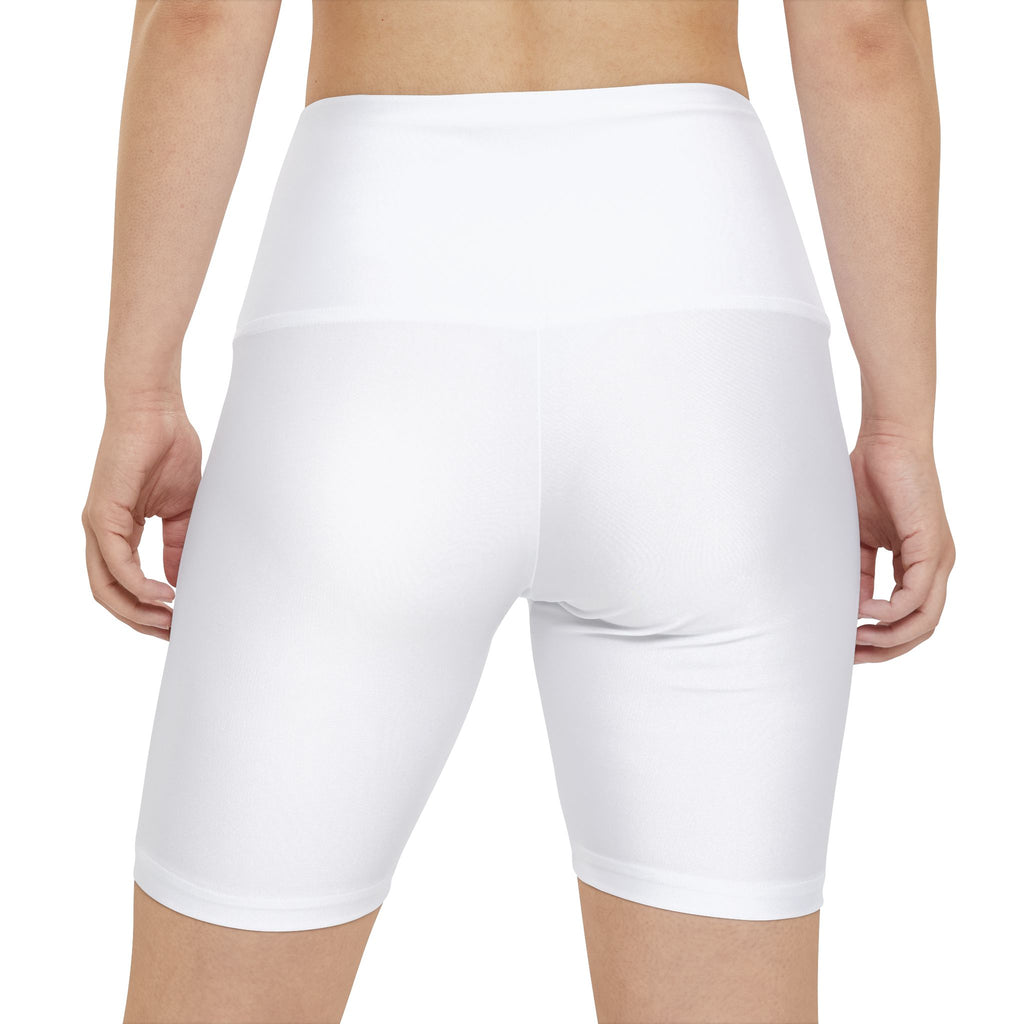White Yoga Bike Shorts with Minimal Crown Logo — Women's Workout Shorts