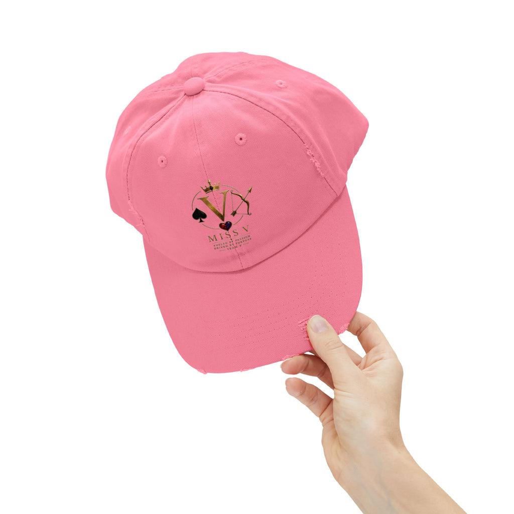Distressed Black Cap — Miss V Crown & Card Emblem