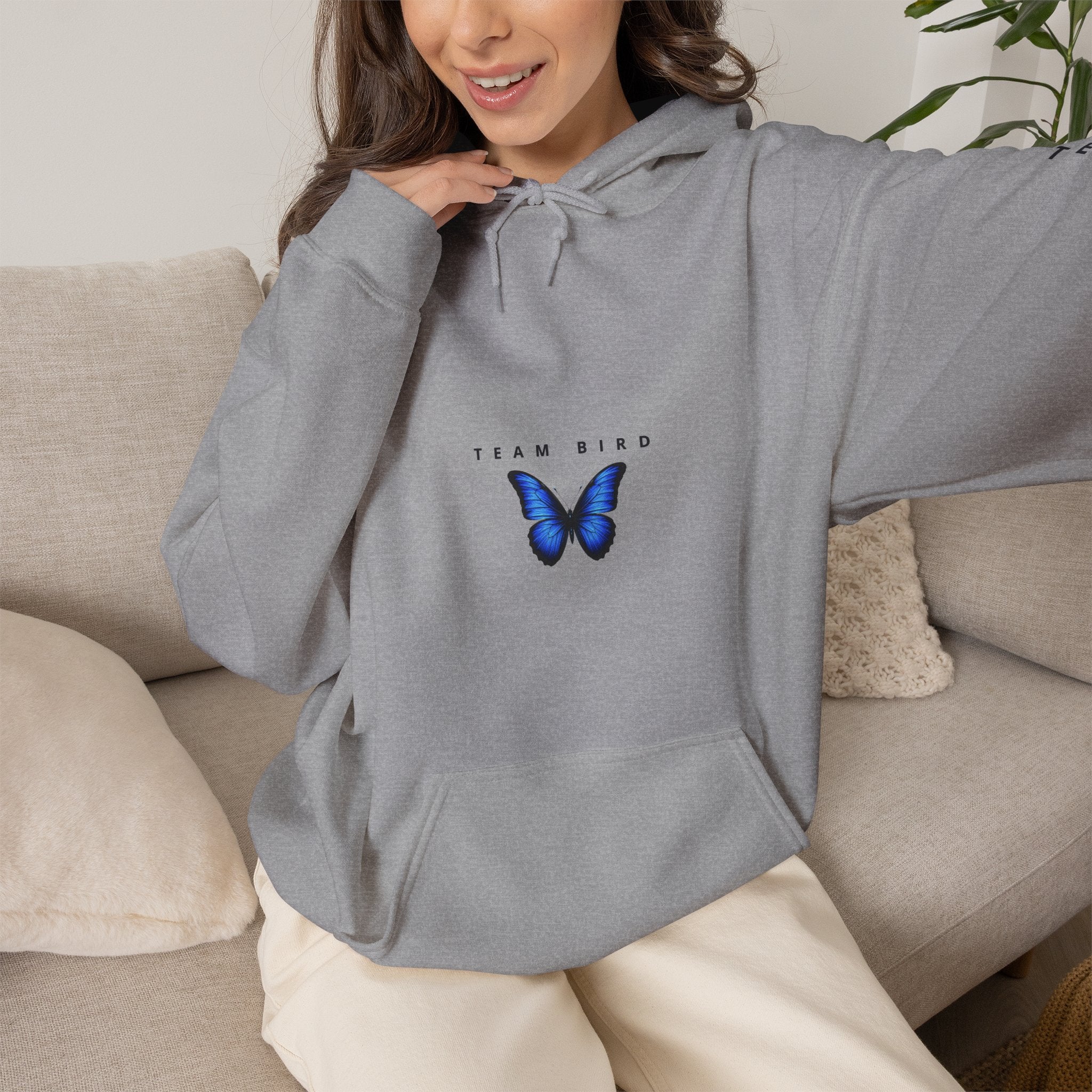 Butterfly Hoodie — "Team Bird" Blue Butterfly Graphic Hooded Sweatshirt