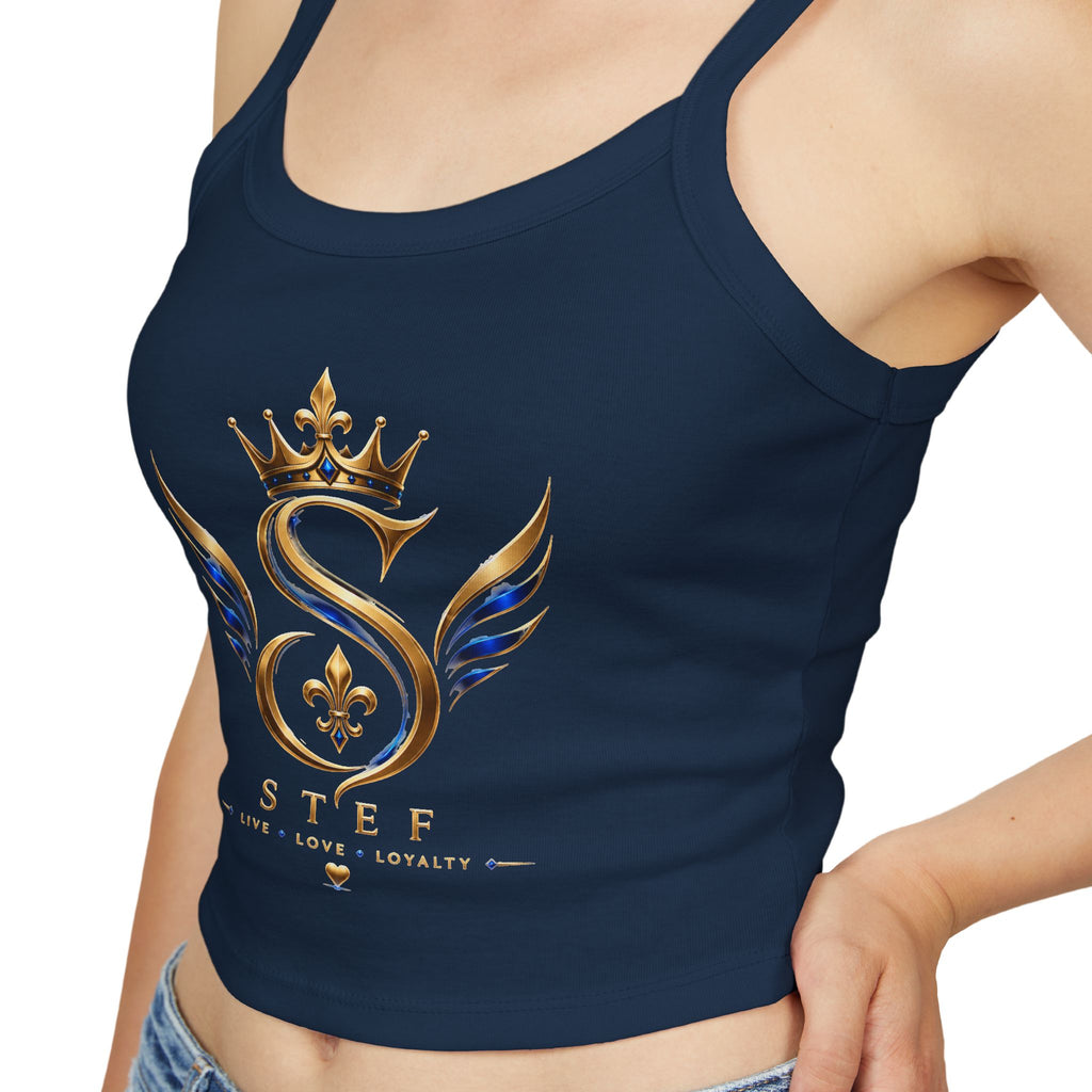 Crowned S Monogram Crop Tank Top — Gold & Blue Regal Spaghetti-Strap