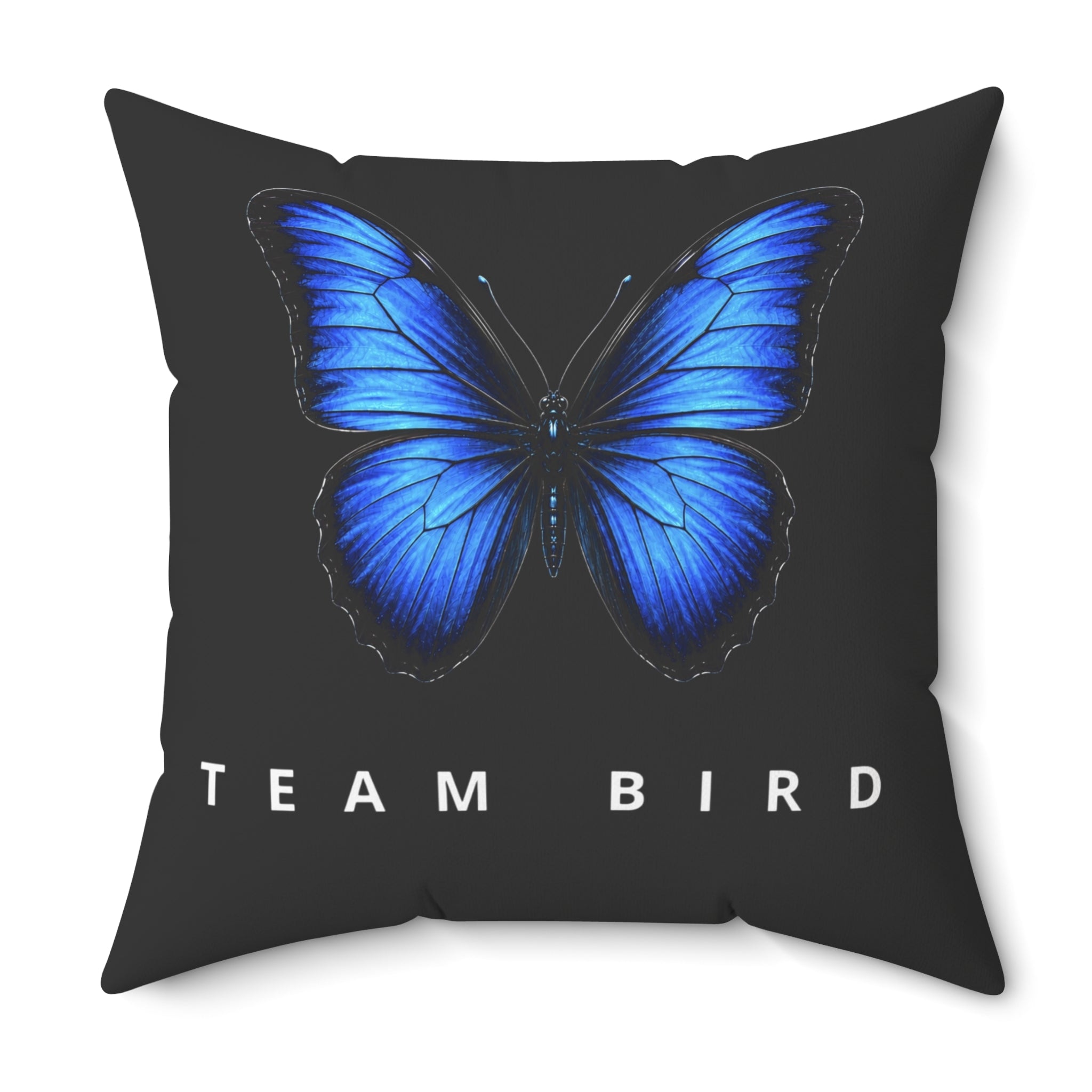 Blue Butterfly 'Team Bird' Throw Pillow — Decorative Polyester Accent Cushion