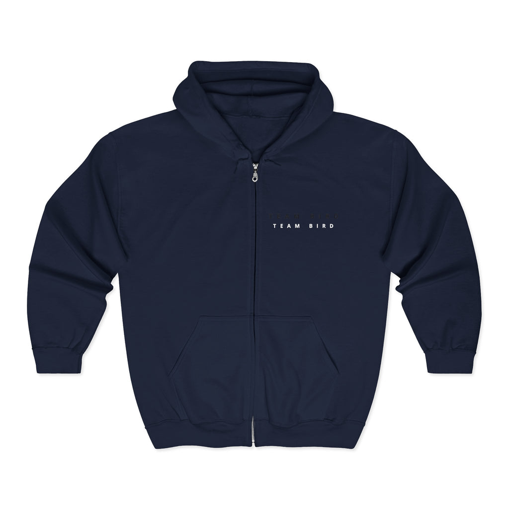 Blue Butterfly Zip Hoodie — "Team Bird" Minimal Front Logo, Vibrant Back Graphic