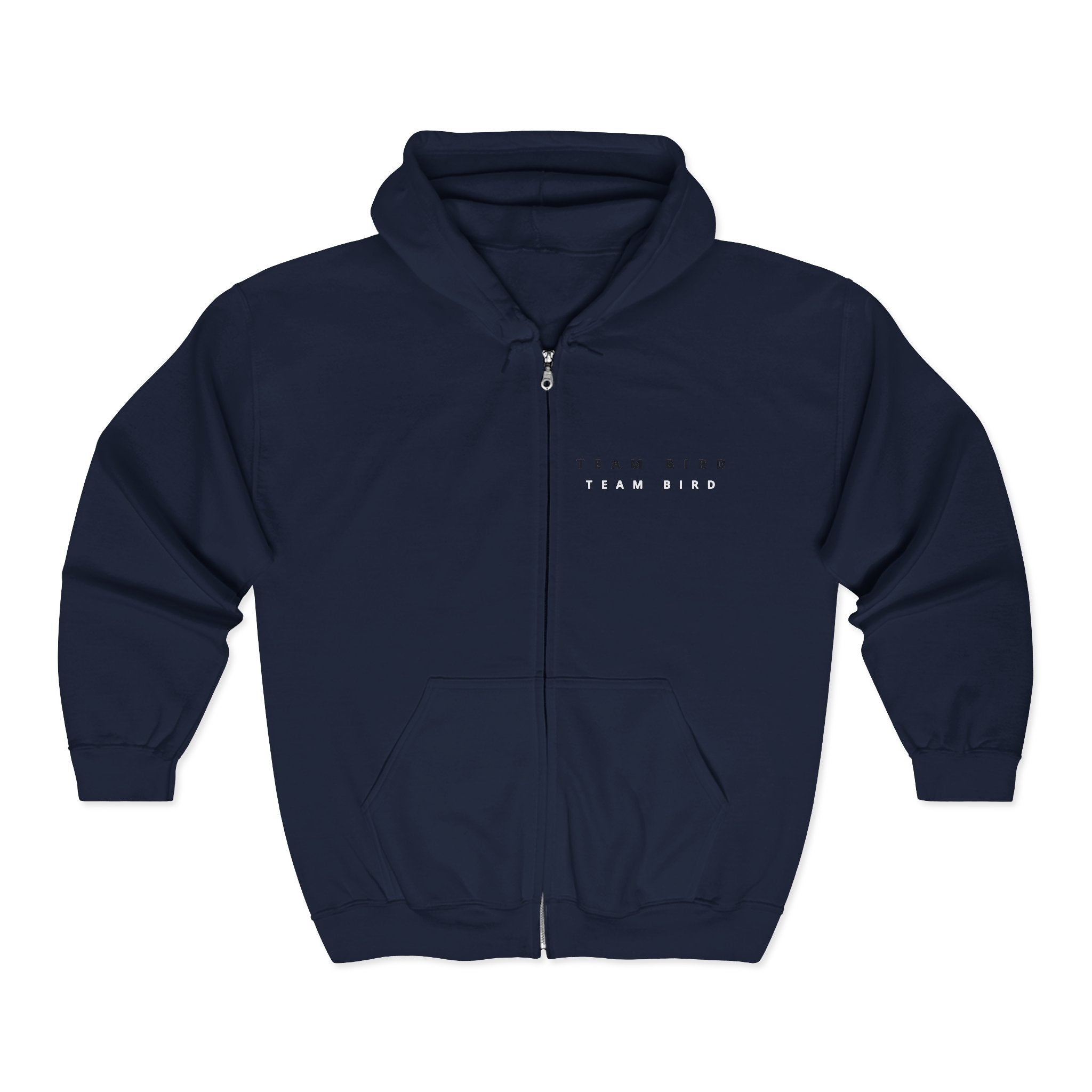 Blue Butterfly Zip Hoodie — "Team Bird" Minimal Front Logo, Vibrant Back Graphic