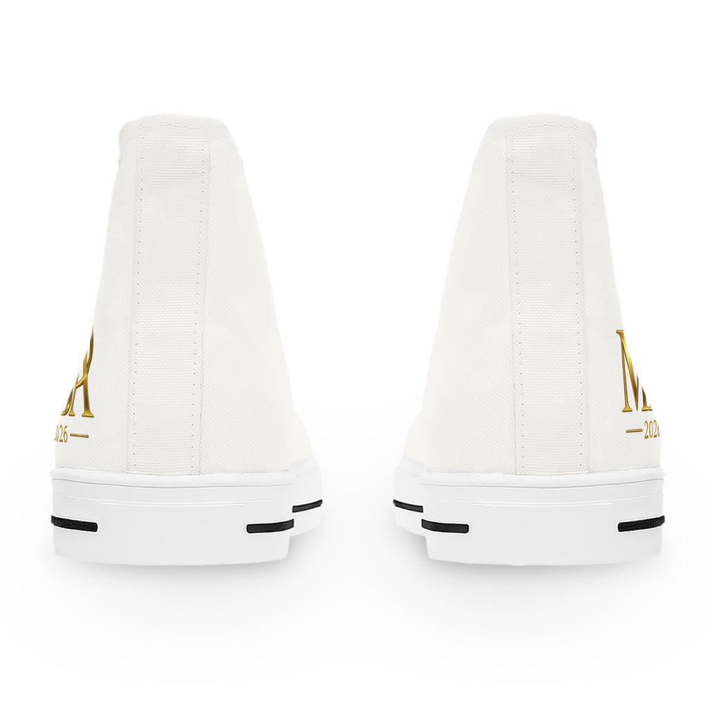 Women's High Top Sneakers — White Canvas Casual Trainers with Gold Monogram Accent