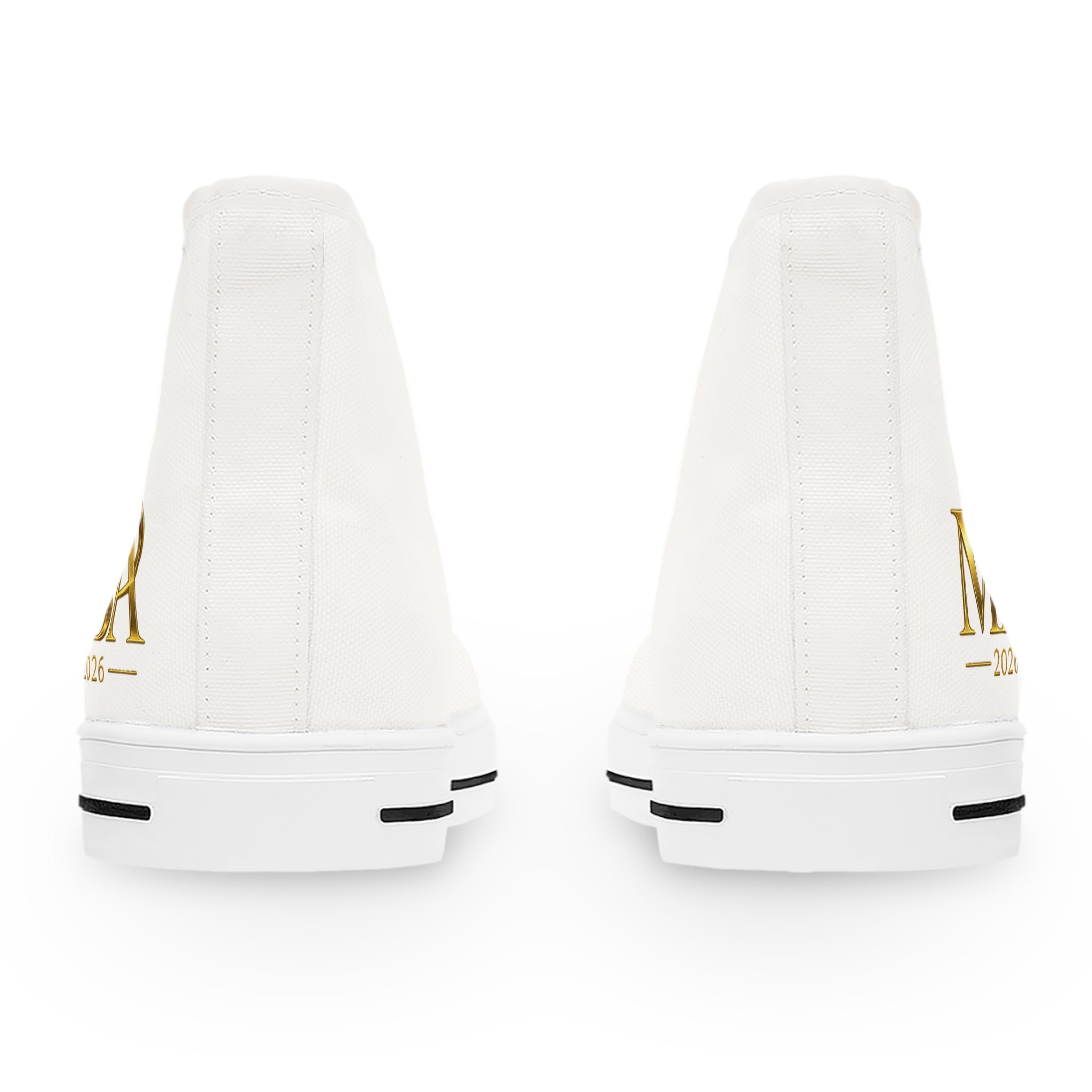 Women's High Top Sneakers — White Canvas Casual Trainers with Gold Monogram Accent