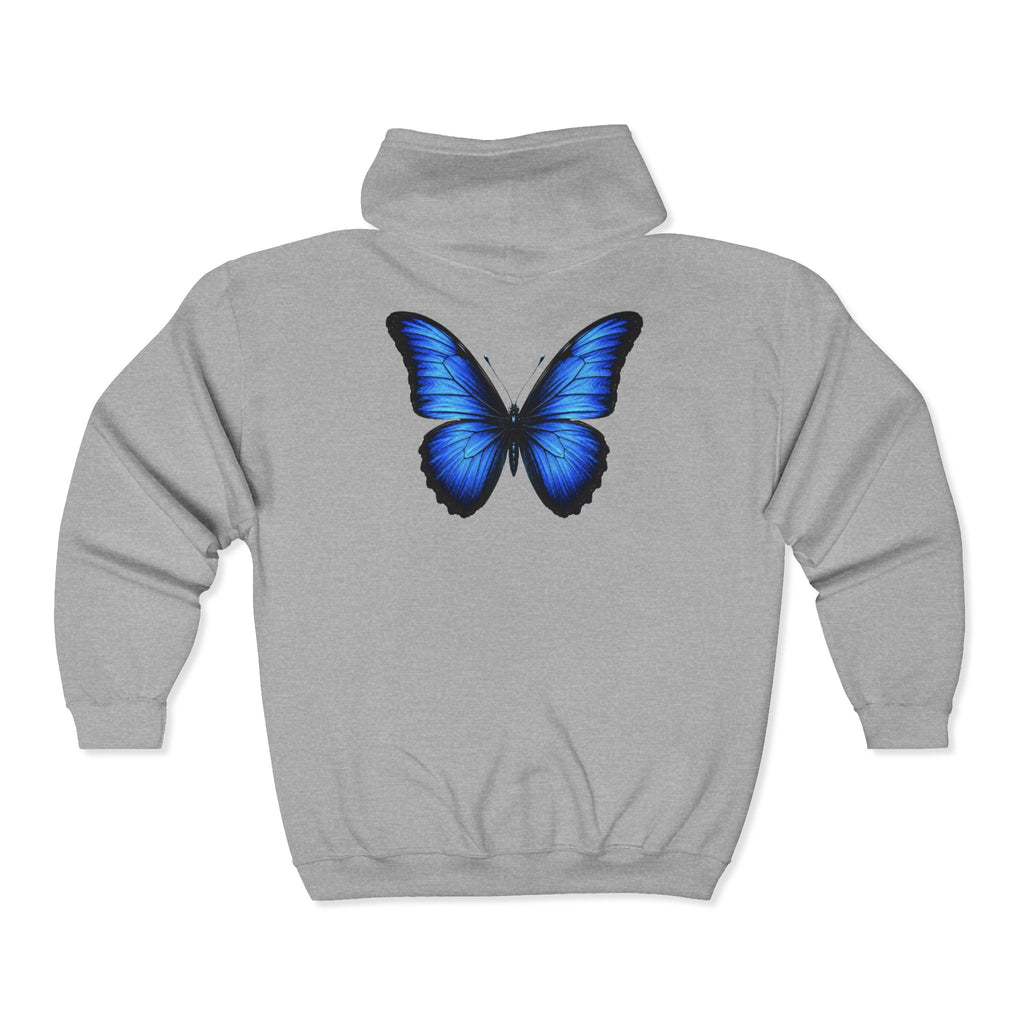 Blue Butterfly Zip Hoodie — "Team Bird" Minimal Front Logo, Vibrant Back Graphic