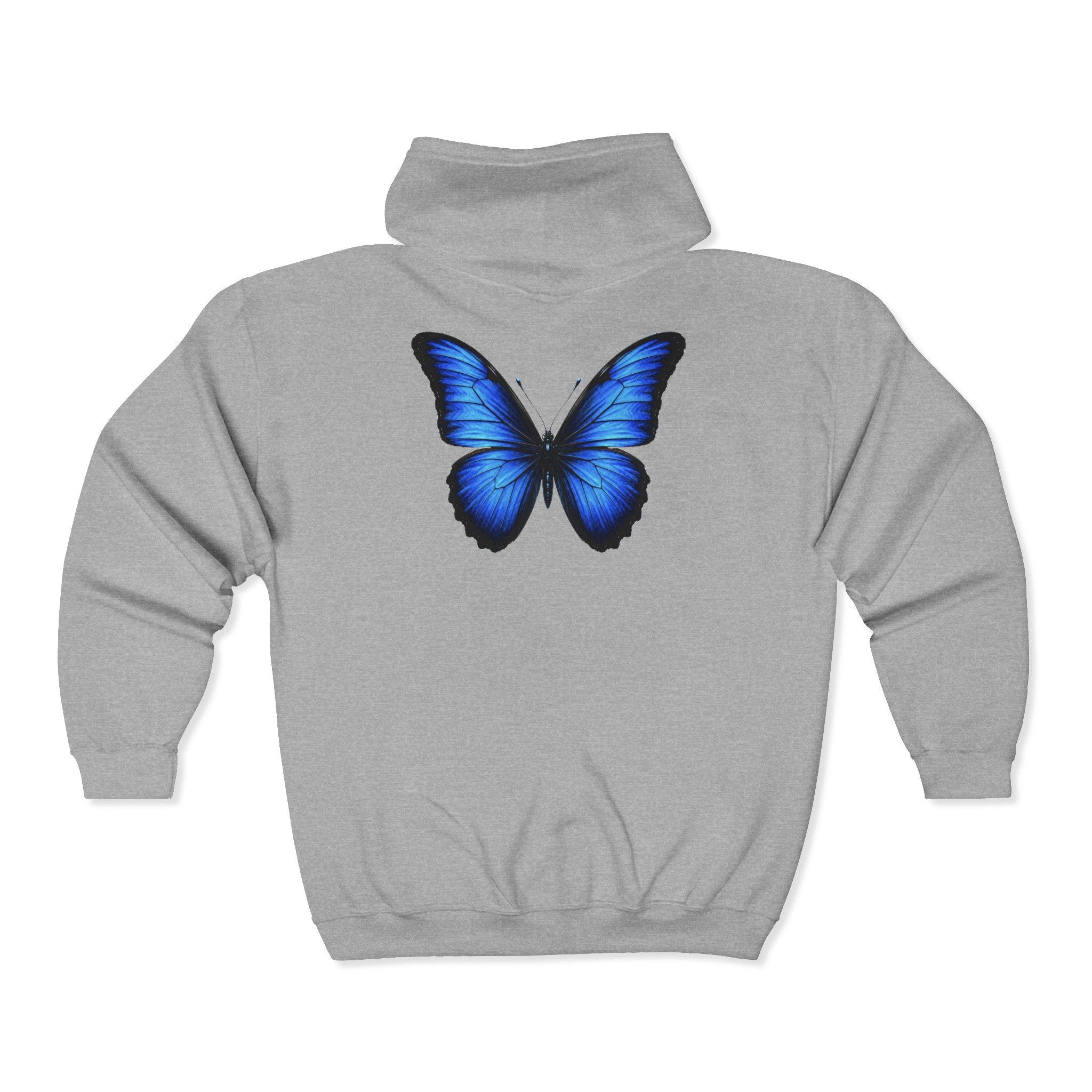 Blue Butterfly Zip Hoodie — "Team Bird" Minimal Front Logo, Vibrant Back Graphic
