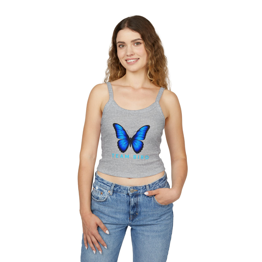 Team Bird Blue Butterfly Tank Top — Women's Spaghetti Strap Crop