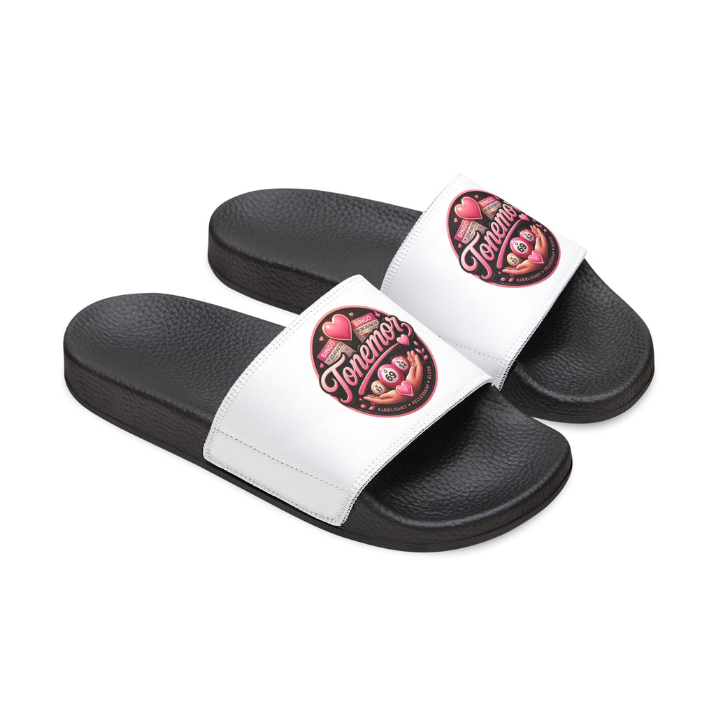 Slide Sandals — White Removable-Strap Slides with Pink 'Jammin' Heart' Logo