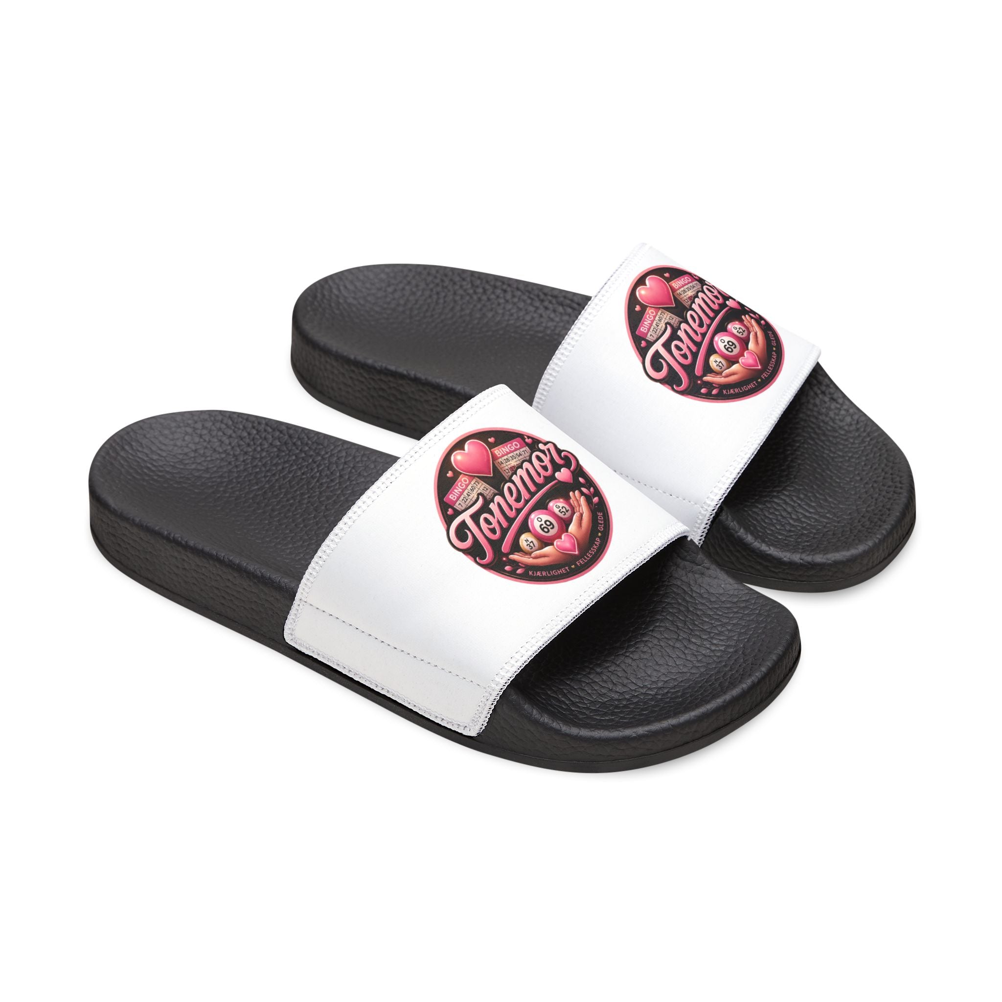 Slide Sandals — White Removable-Strap Slides with Pink 'Jammin' Heart' Logo