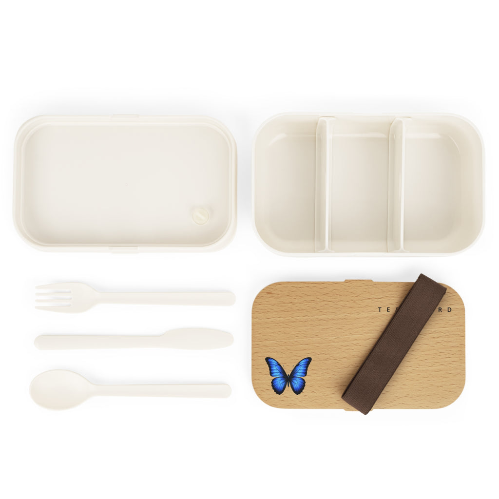 Wood Grain Bento Lunch Box with Blue Butterfly Accent