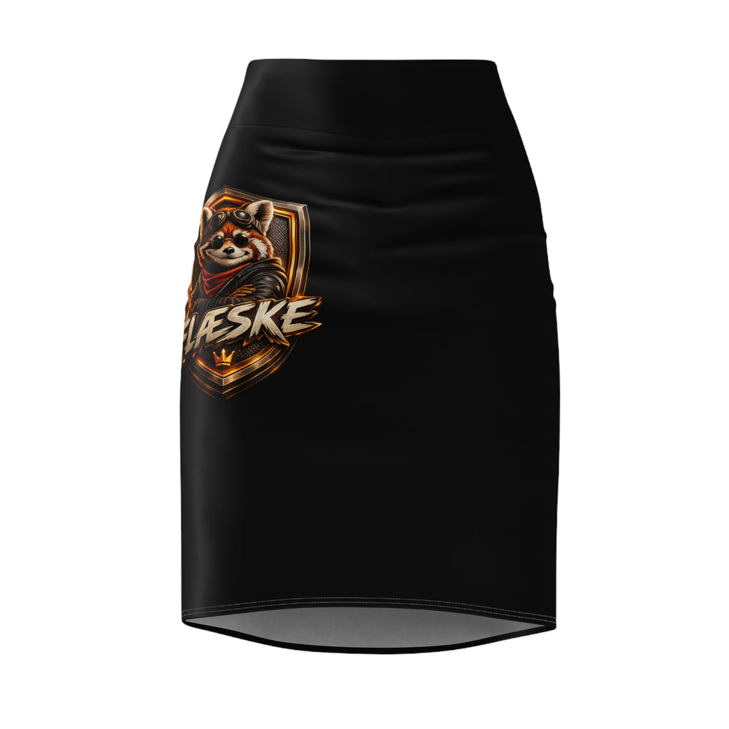 Raccoon Crest Black Pencil Skirt — "Aleske" Logo High-Waist Graphic Skirt
