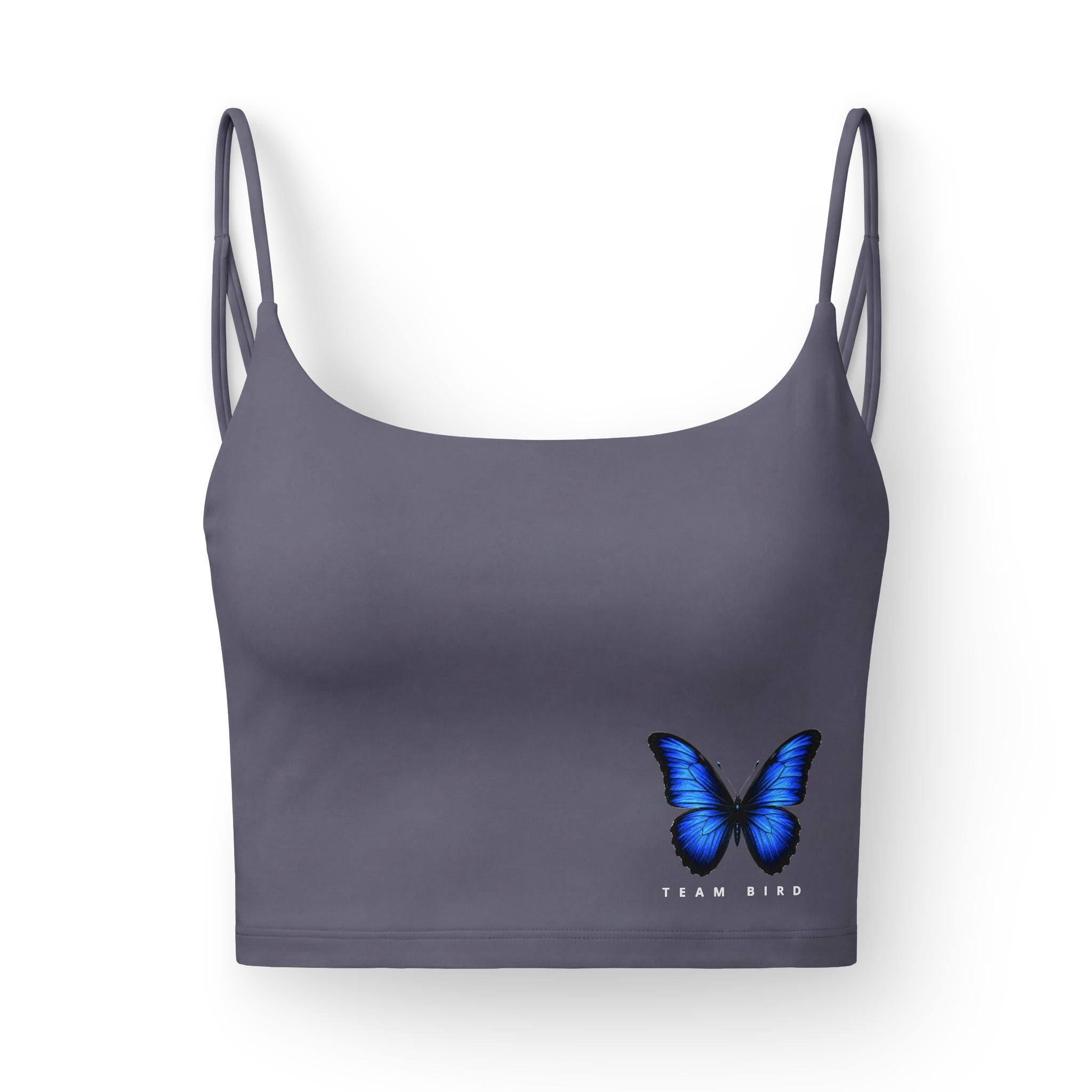 Butterfly Luxe Crop Bra — Womens Black Strappy Bra with Blue Butterfly "I AM WILD"