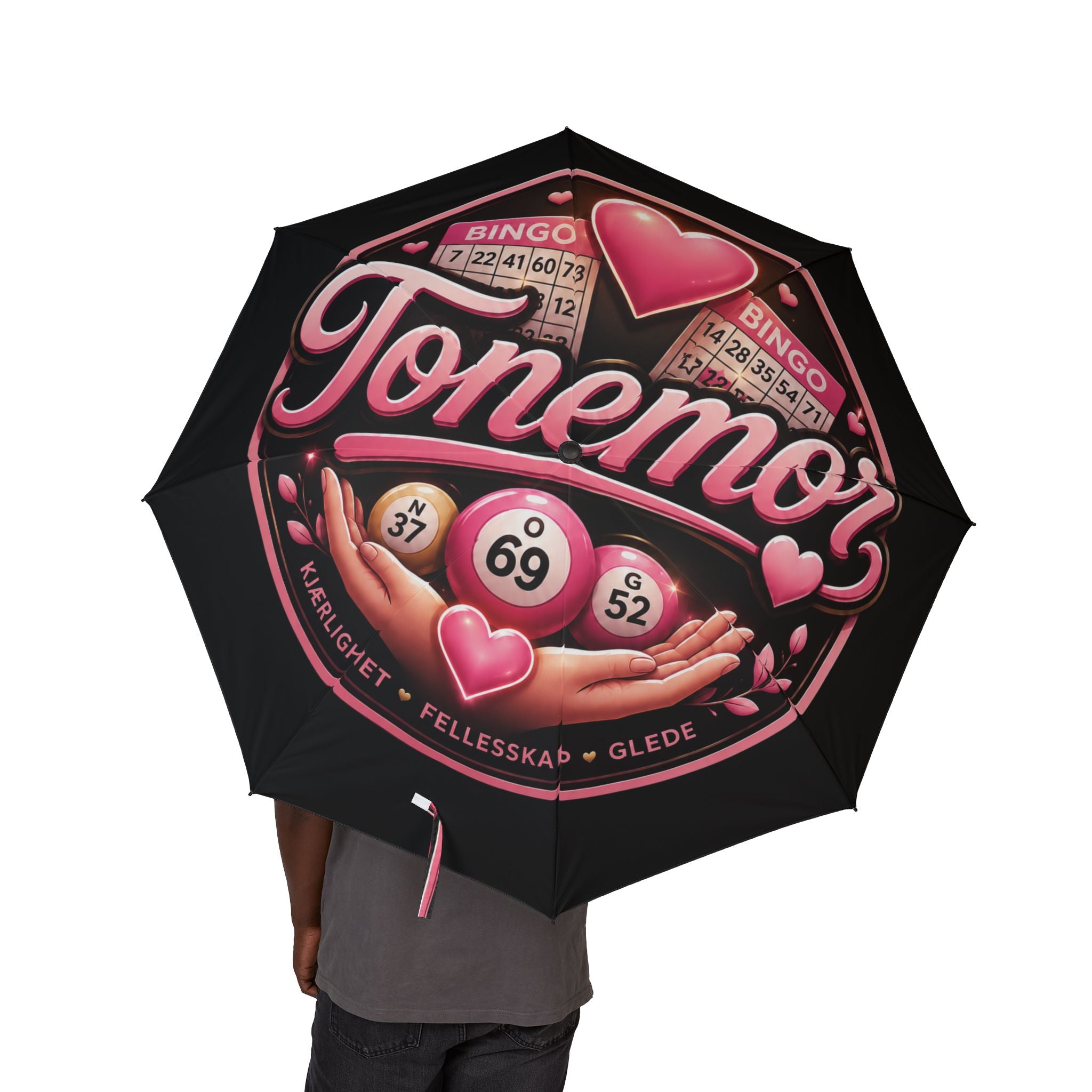 Bingo Lovers Foldable Umbrella — Pink Retro Bingo Heart Design