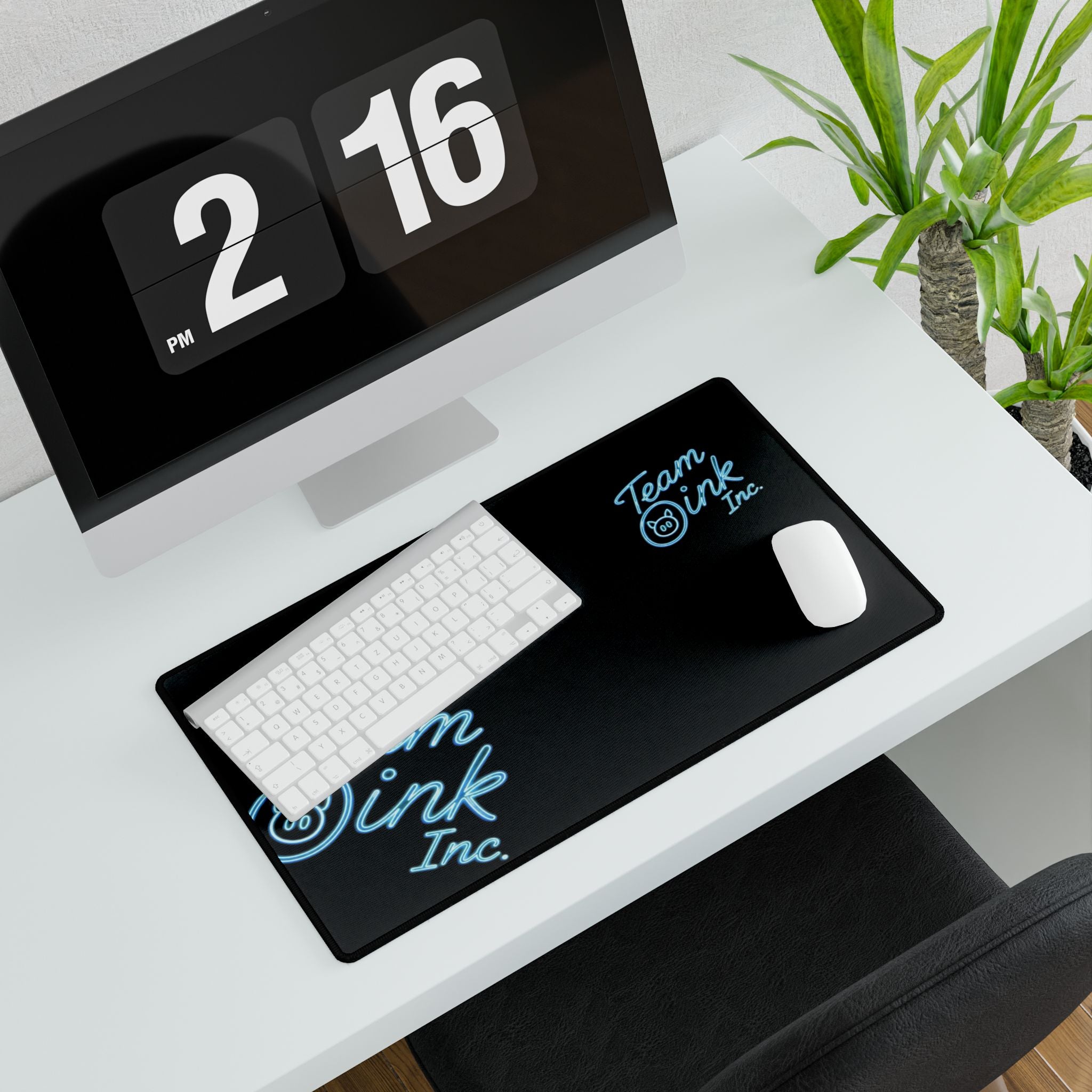 Team Oink Inc. Neon Logo Desk Mat — Large Gaming/Work Mousepad