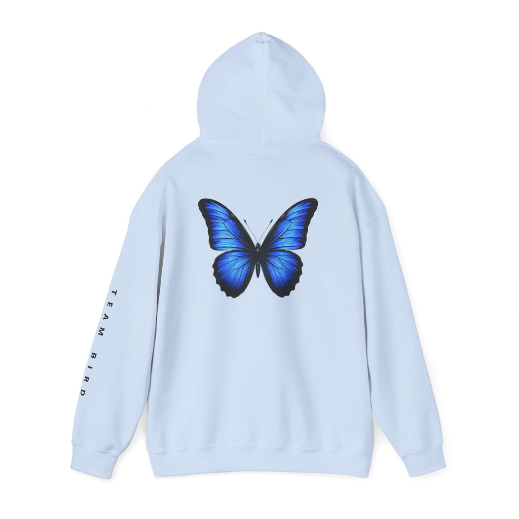 Butterfly Hoodie — "Team Bird" Blue Butterfly Graphic Hooded Sweatshirt