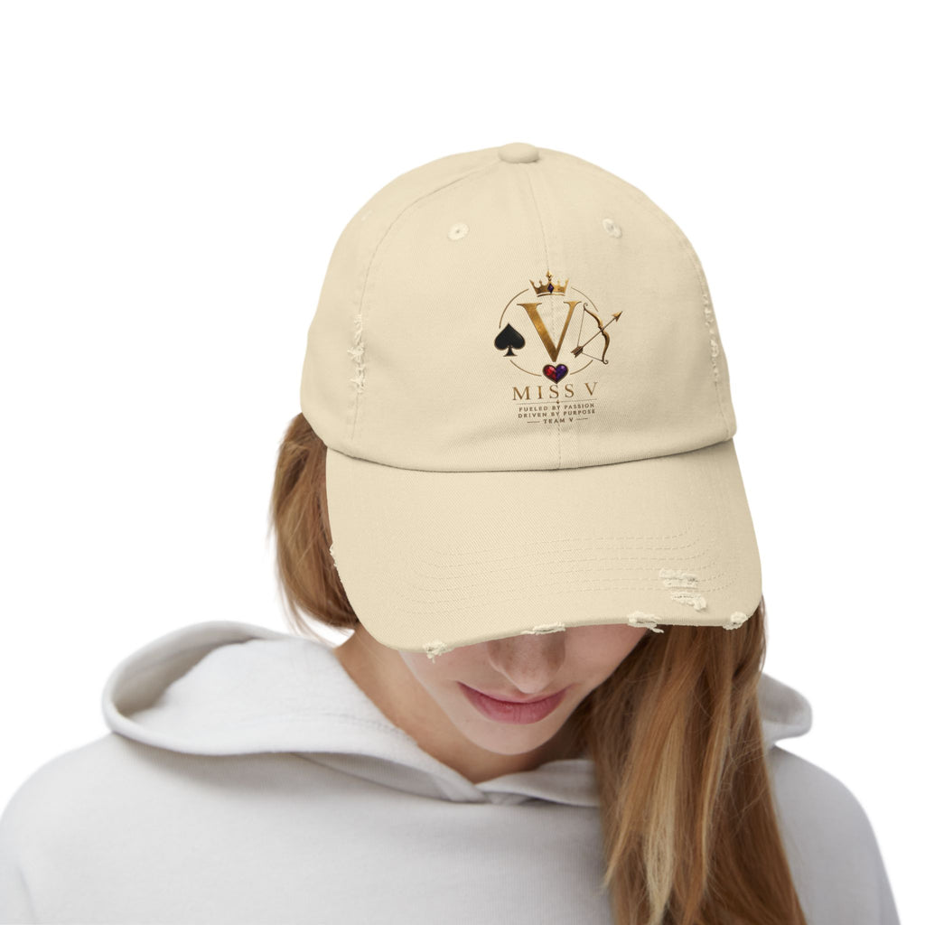 Distressed Black Cap — Miss V Crown & Card Emblem