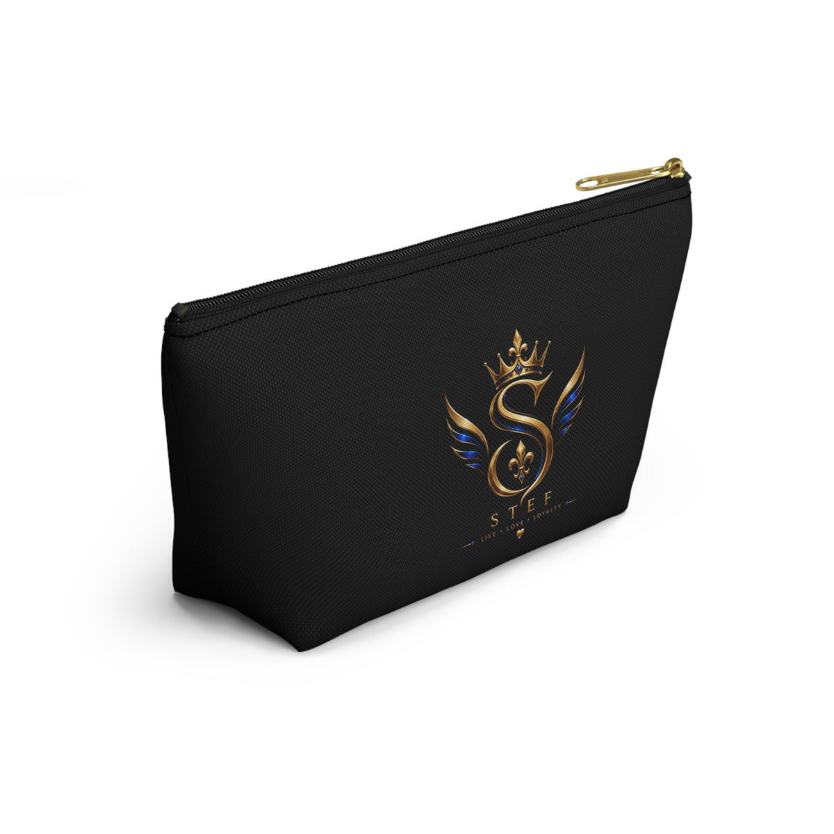 Royal S Emblem Accessory Pouch — Luxurious Black Makeup Bag with Gold Crown Logo