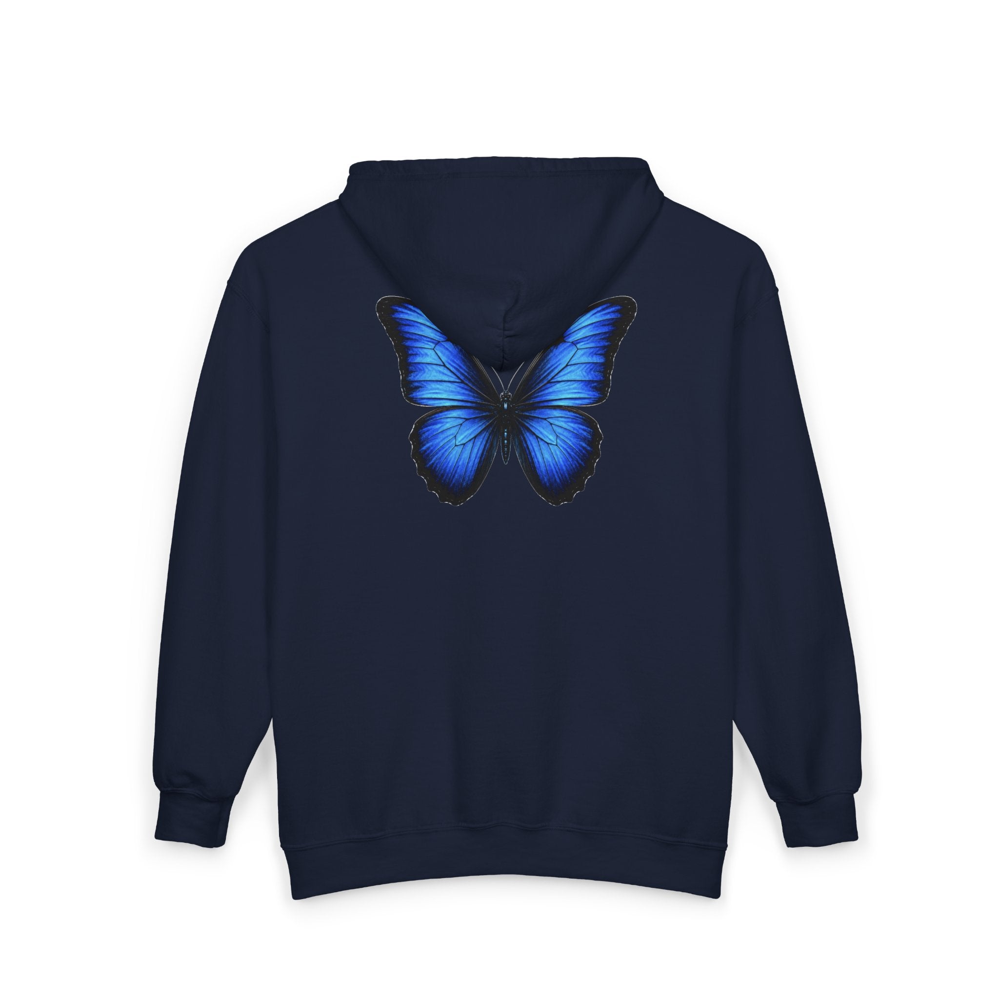 Blue Butterfly Zip Hoodie — "Team Bird" Minimal Front Logo, Vibrant Back Graphic