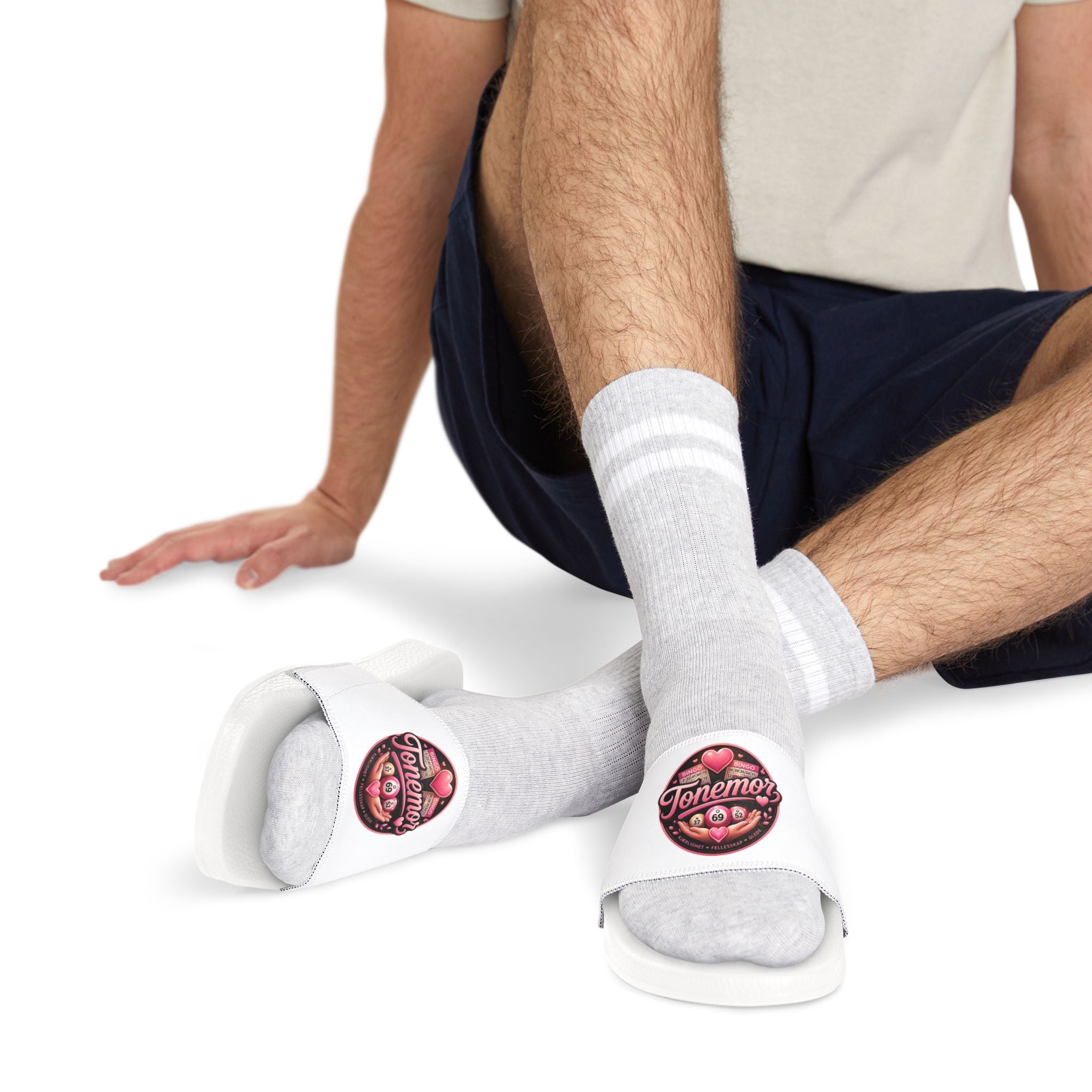 Slide Sandals — White Removable-Strap Slides with Pink 'Jammin' Heart' Logo