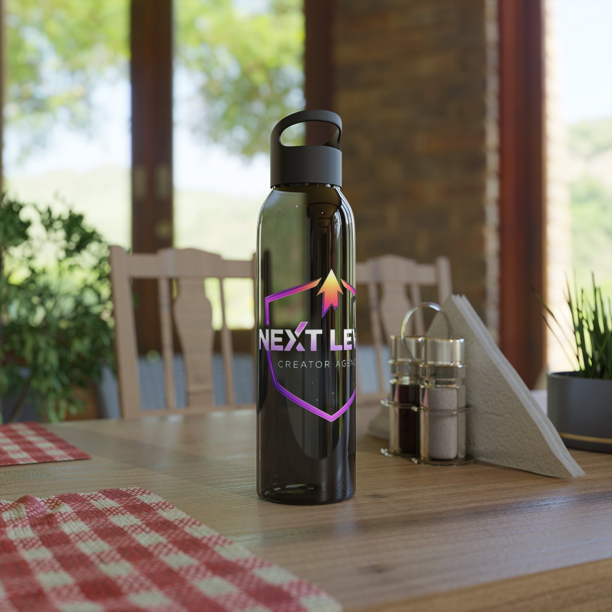 Sky Water Bottle — Clear Bottle with Gradient Arrow Logo (Next Level Creator Agency)