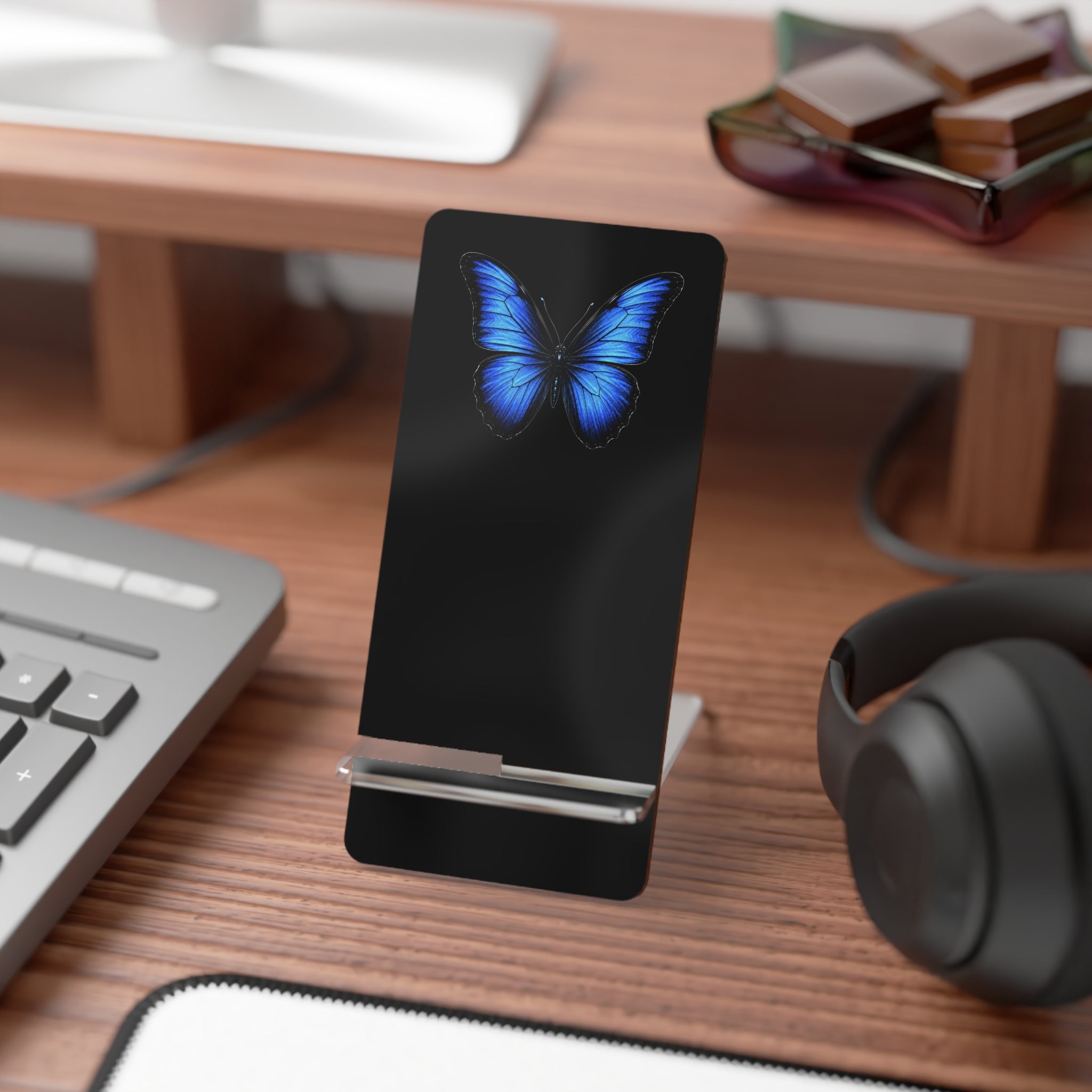 Acrylic Phone Stand with Blue Butterfly — Decorative Smartphone Display Holder