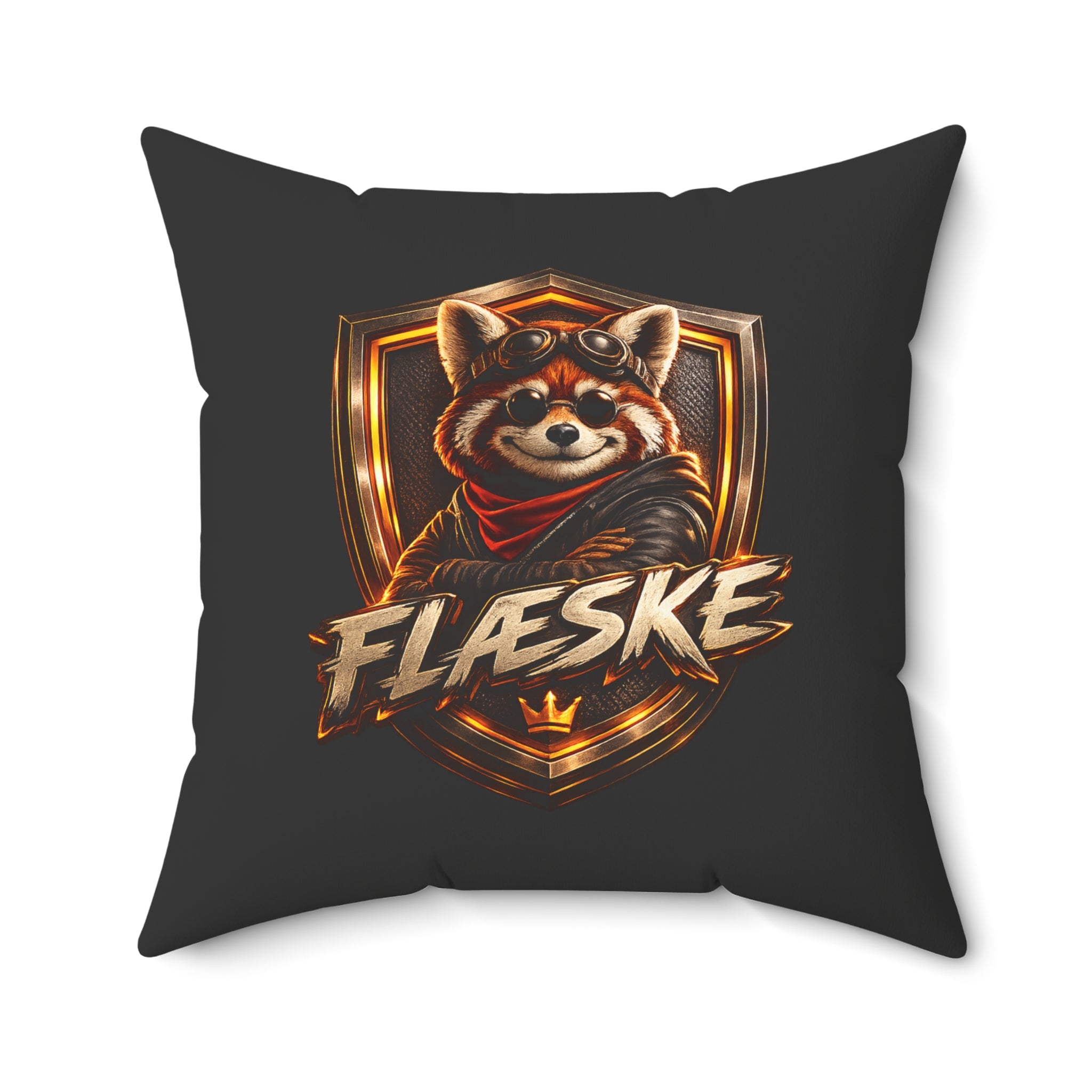 Red Panda Crest Throw Pillow — 'FLÆSKE' Gaming Emblem Accent Pillow