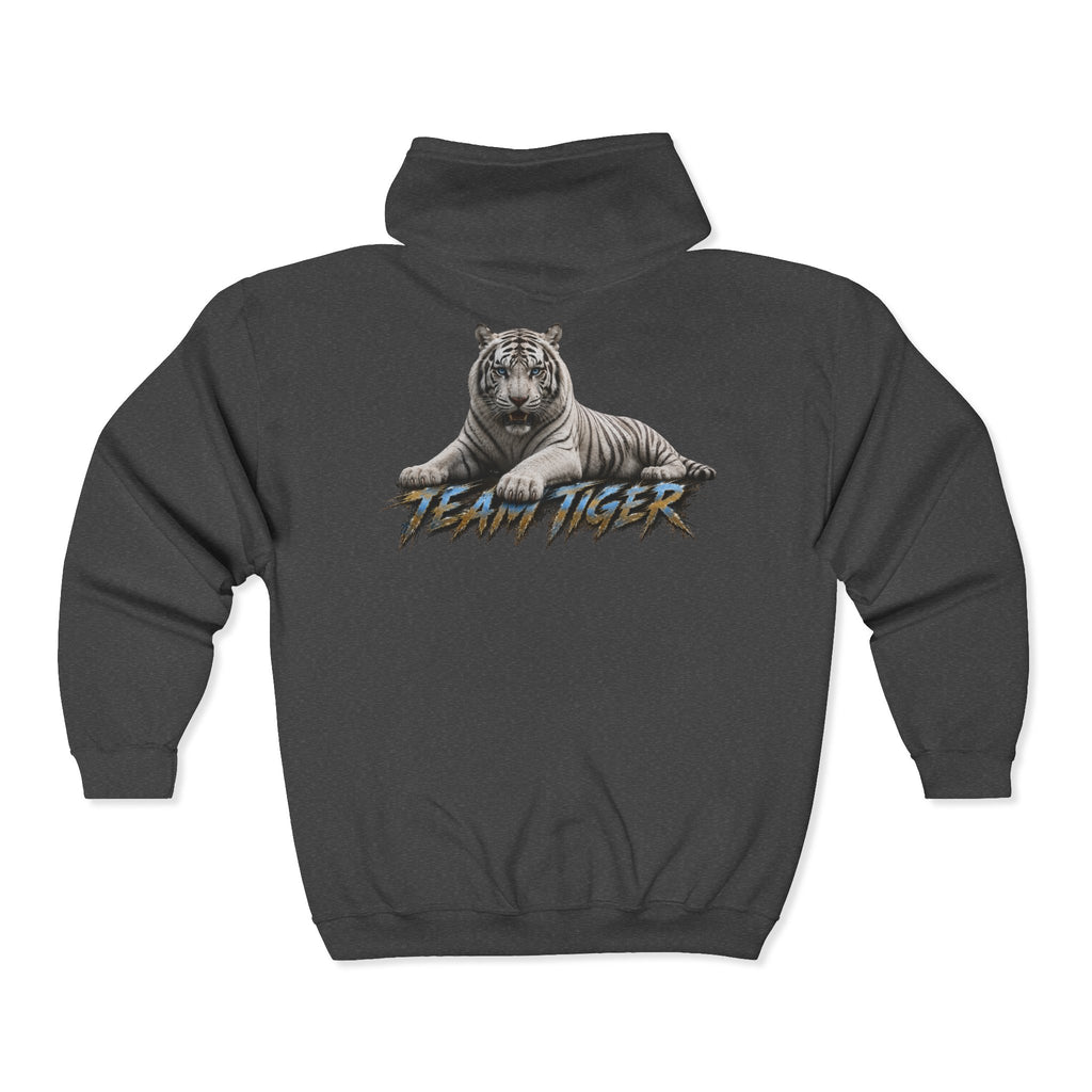 Team Tiger Zip-Up Hoodie — Retro Graphic White Tiger Back Print