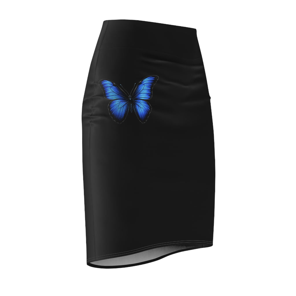 Blue Butterfly Black Pencil Skirt — Women's Elegant AOP Skirt
