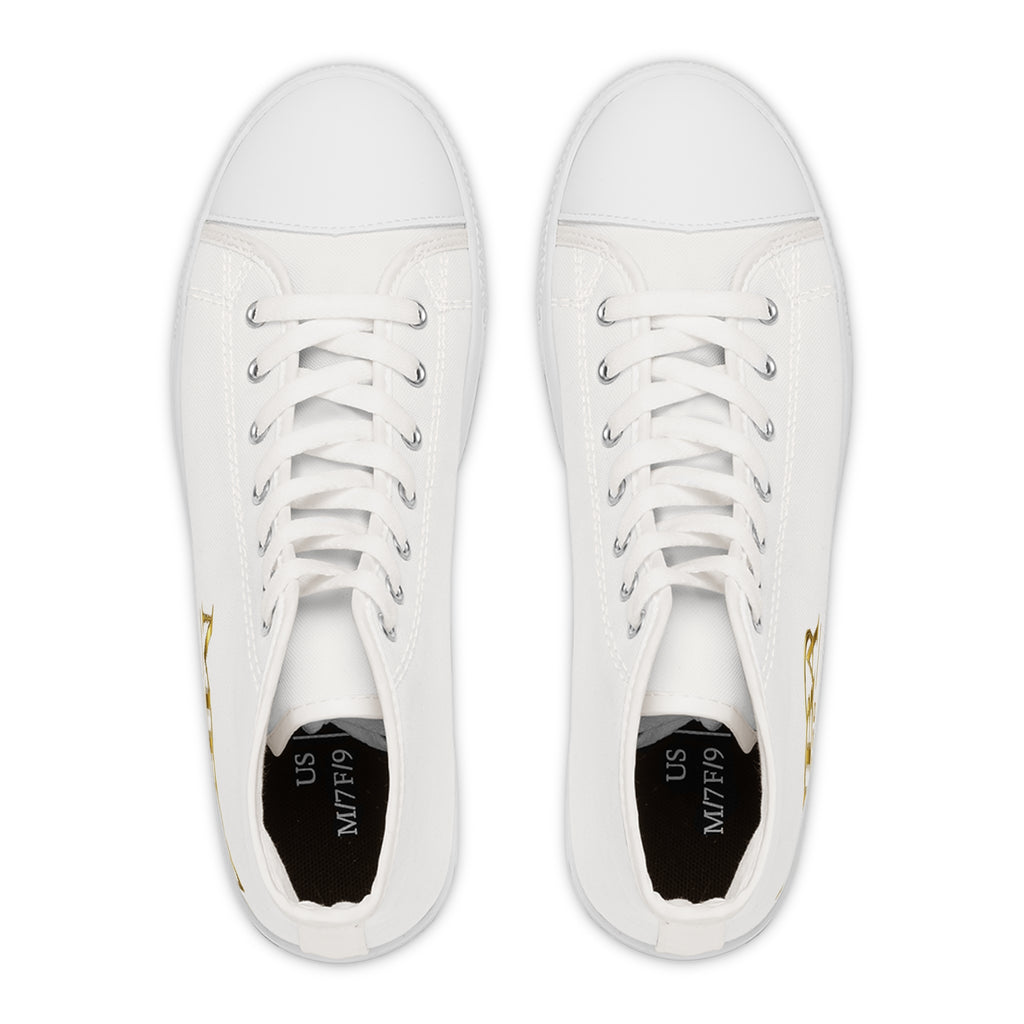 Women's High Top Sneakers — White Canvas Casual Trainers with Gold Monogram Accent