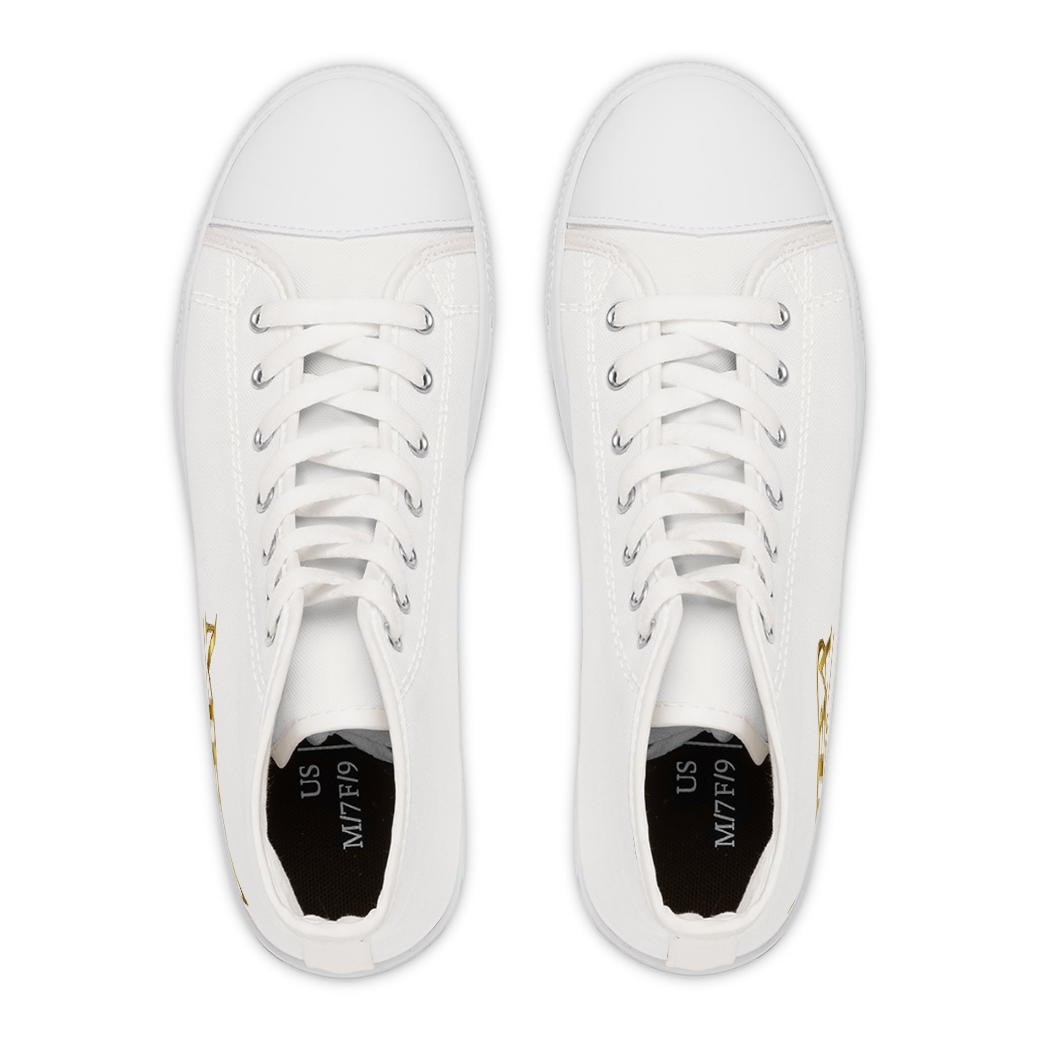 Women's High Top Sneakers — White Canvas Casual Trainers with Gold Monogram Accent