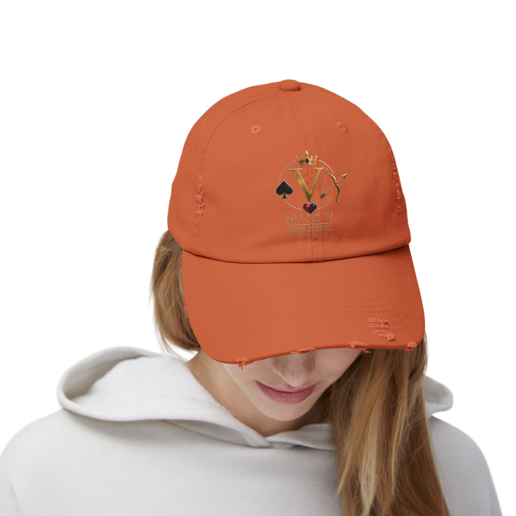 Distressed Black Cap — Miss V Crown & Card Emblem