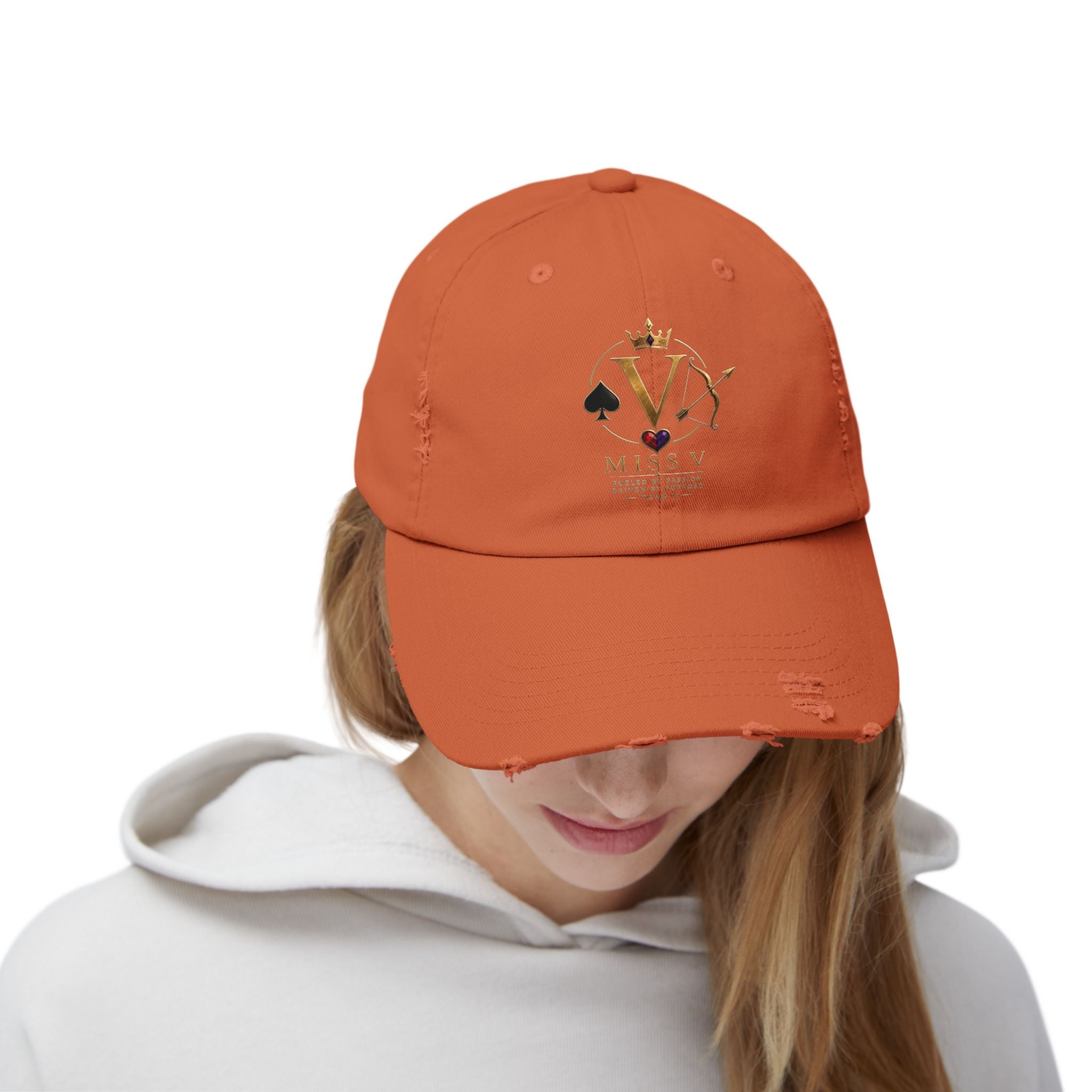 Distressed Black Cap — Miss V Crown & Card Emblem