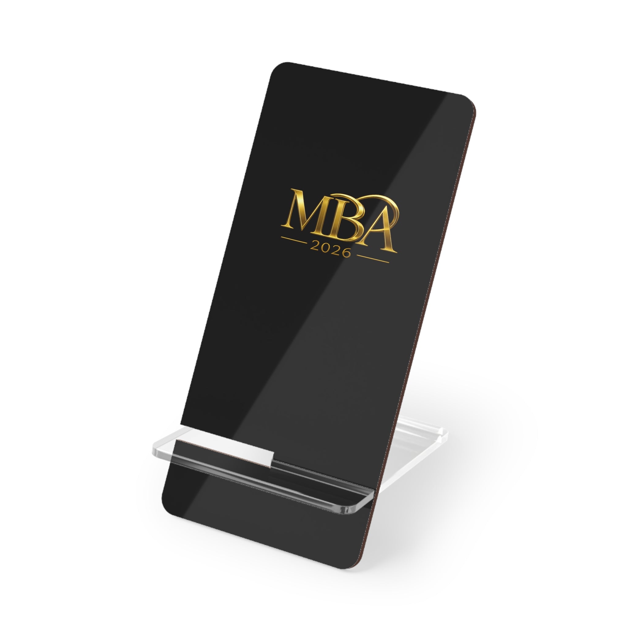 MBA 2026 Mobile Phone Stand — Sleek Black Acrylic Display