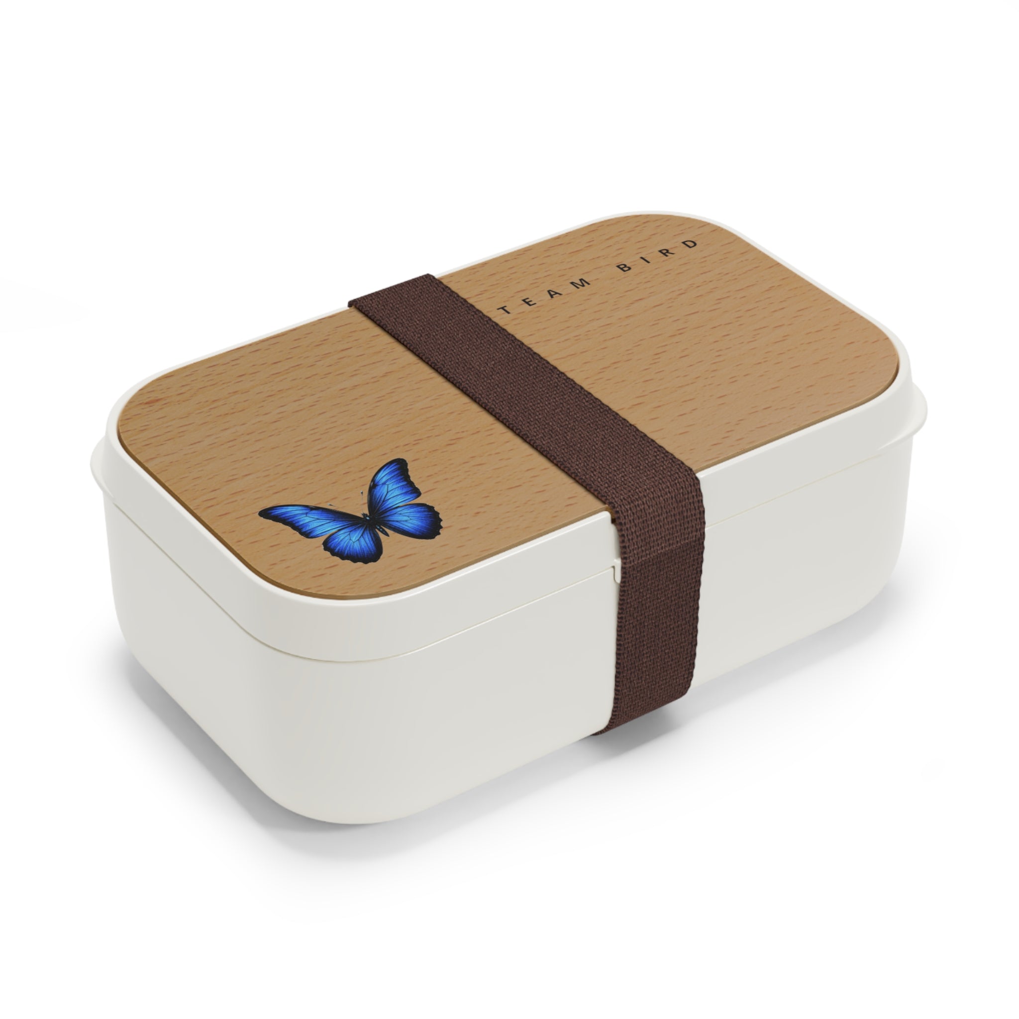 Wood Grain Bento Lunch Box with Blue Butterfly Accent