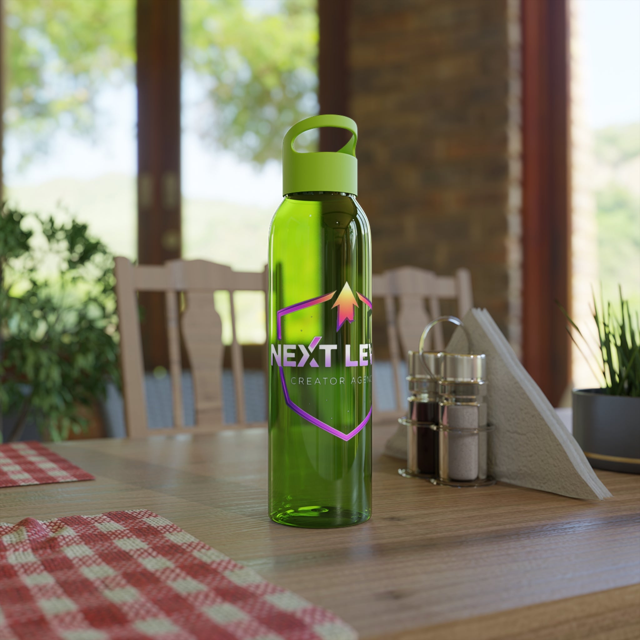Sky Water Bottle — Clear Bottle with Gradient Arrow Logo (Next Level Creator Agency)