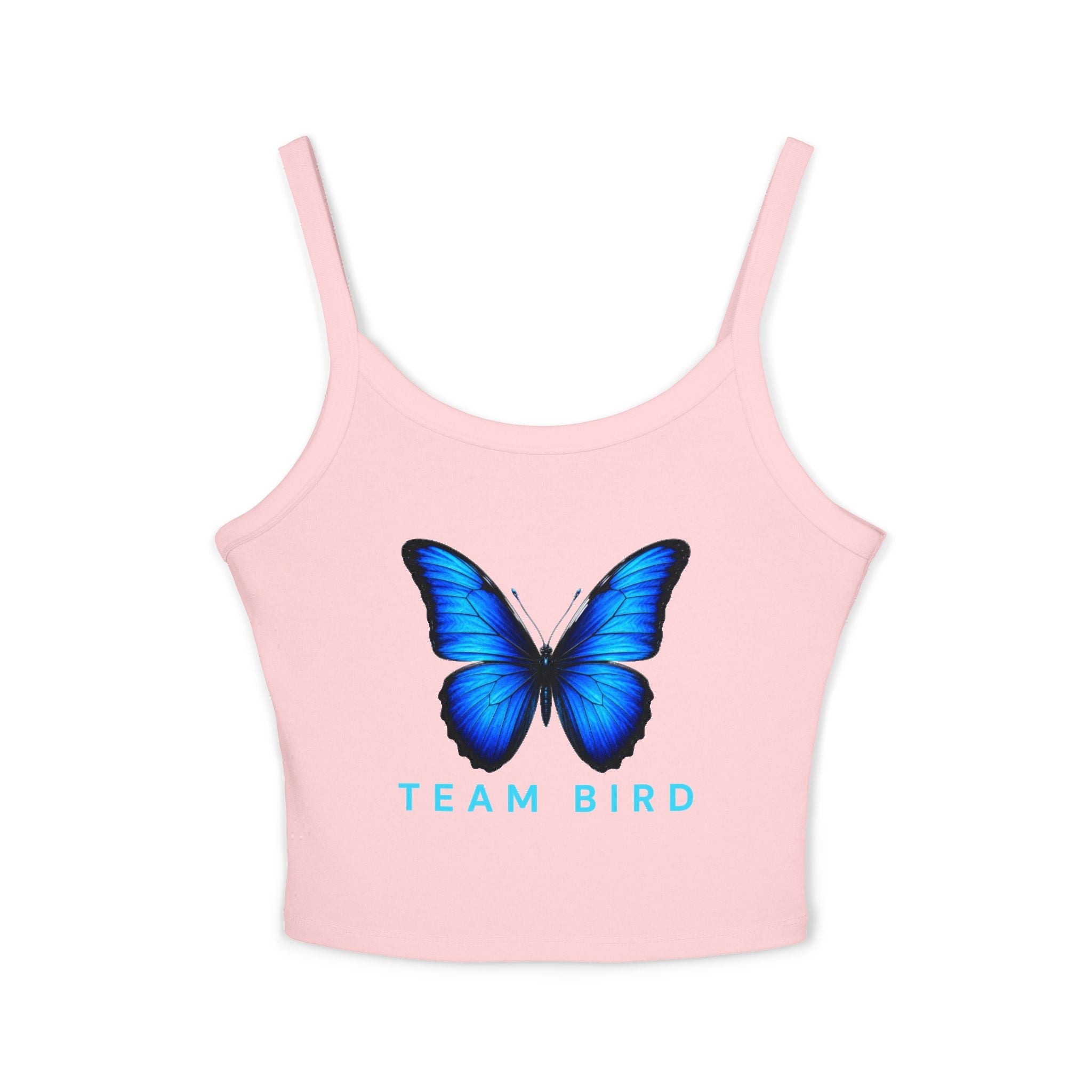 Team Bird Blue Butterfly Tank Top — Women's Spaghetti Strap Crop