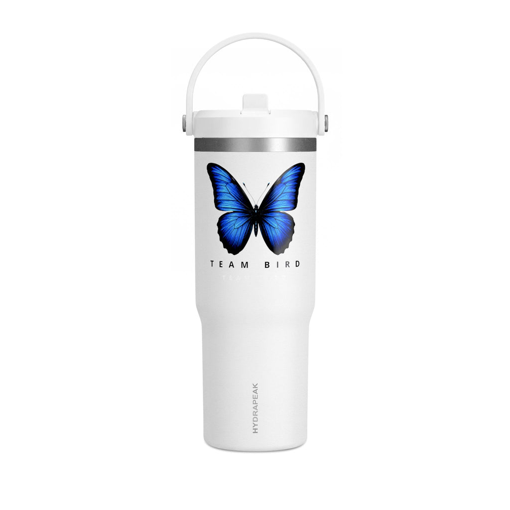 Butterfly Nomad Tumbler 32oz — Insulated Travel Mug with Blue Monarch Design