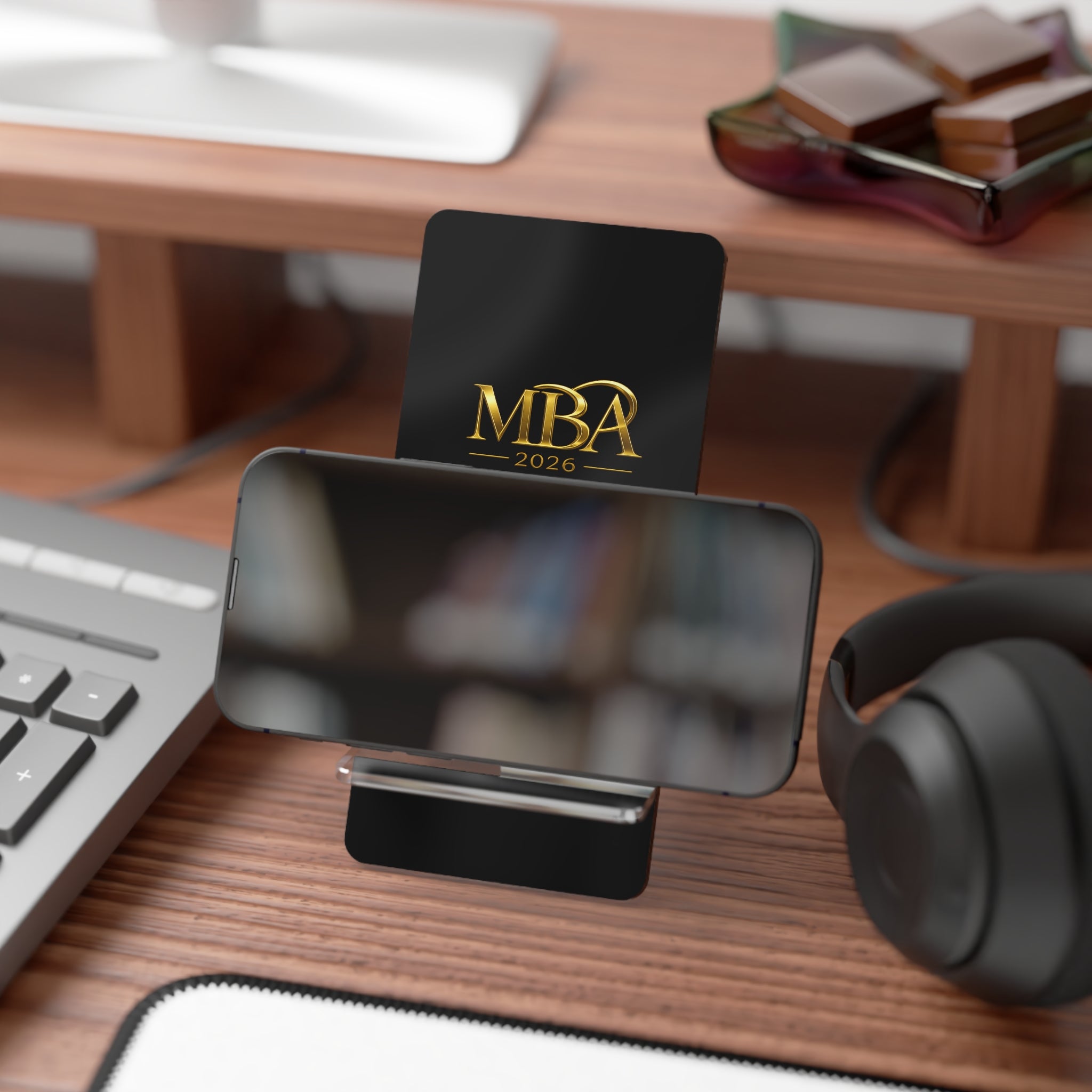 MBA 2026 Mobile Phone Stand — Sleek Black Acrylic Display