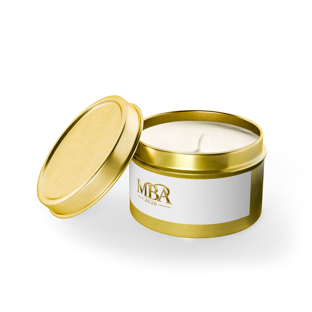 MBA 2026 Gold Logo Tin Candle — Luxury Scented Gift
