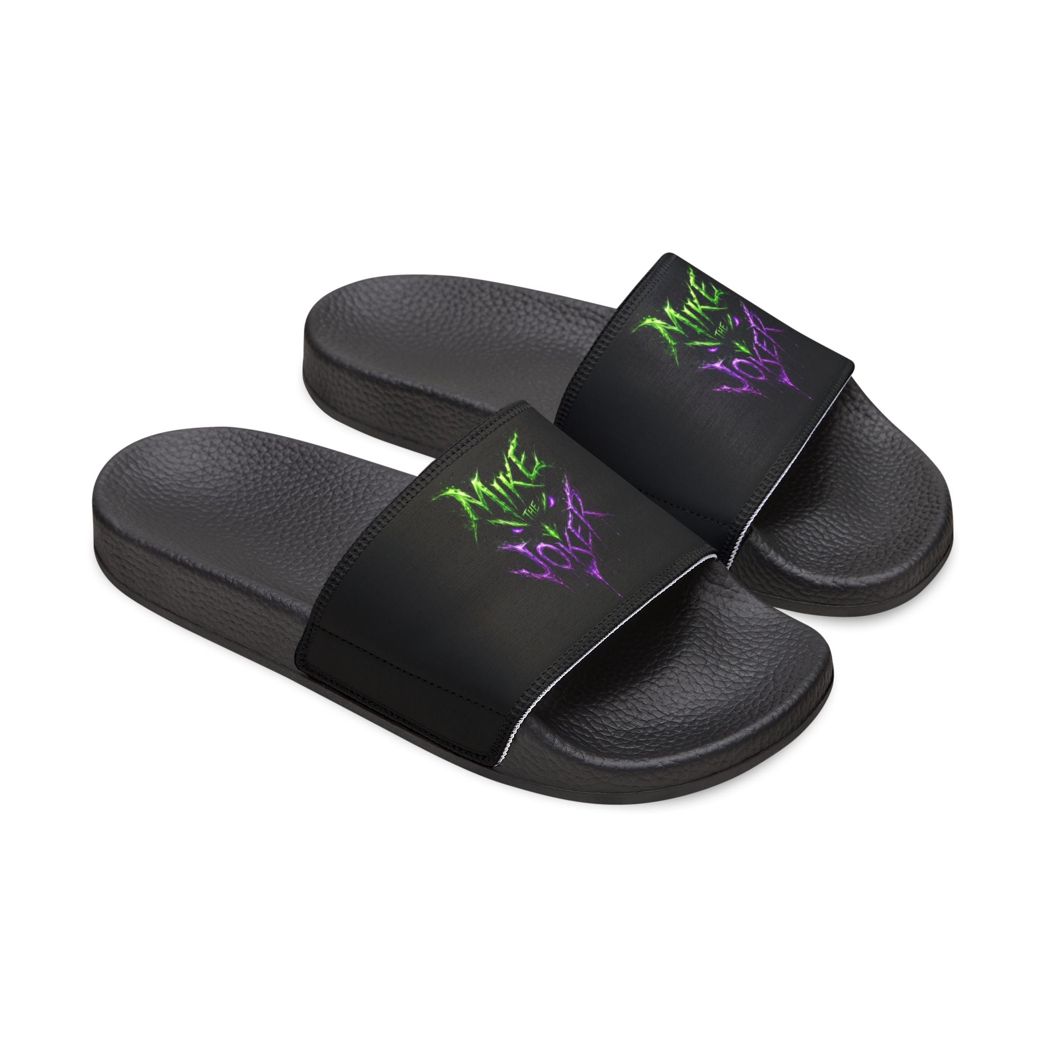 Men's Personalized Name Slides — Black Strap Sandals with Neon Green "Mike" Design