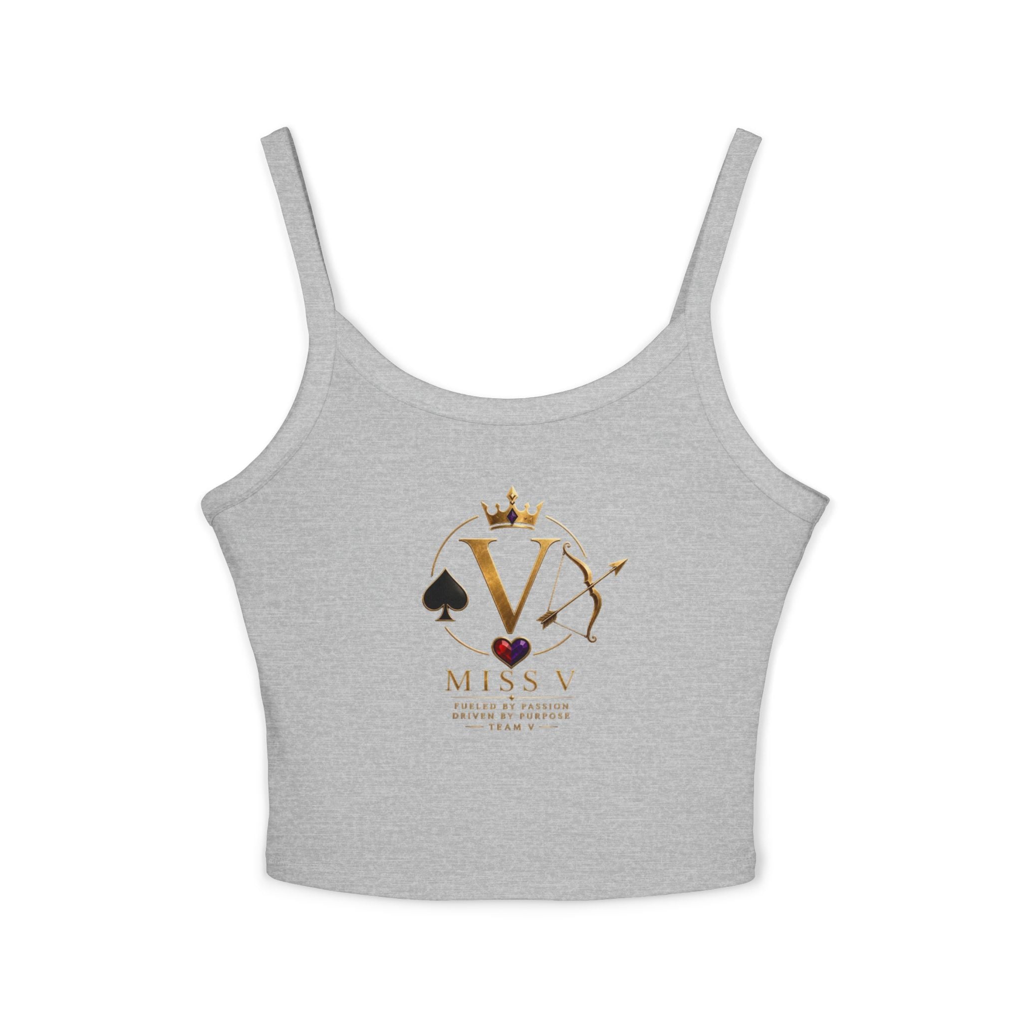 Spaghetti Tank Top — "Miss V" Gold Crown Playing Card Logo Crop